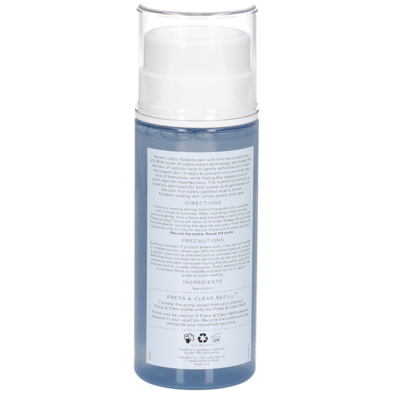 Retro del flacone Medik8 Press & Clear 150ml con ingredienti e precauzioni.