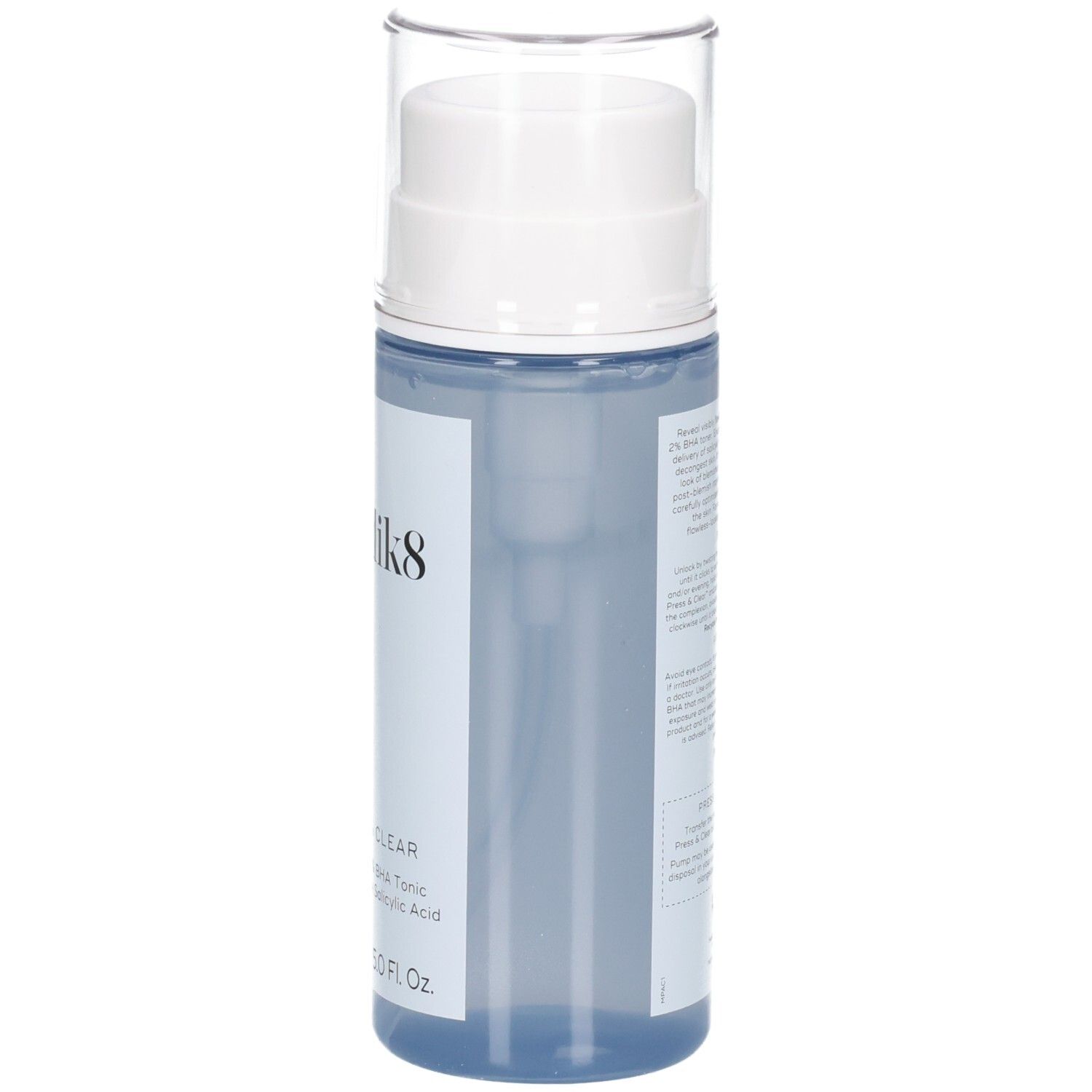 Flacone Medik8 Press & Clear 150ml, vista laterale con dispenser a pompa e tappo trasparente.