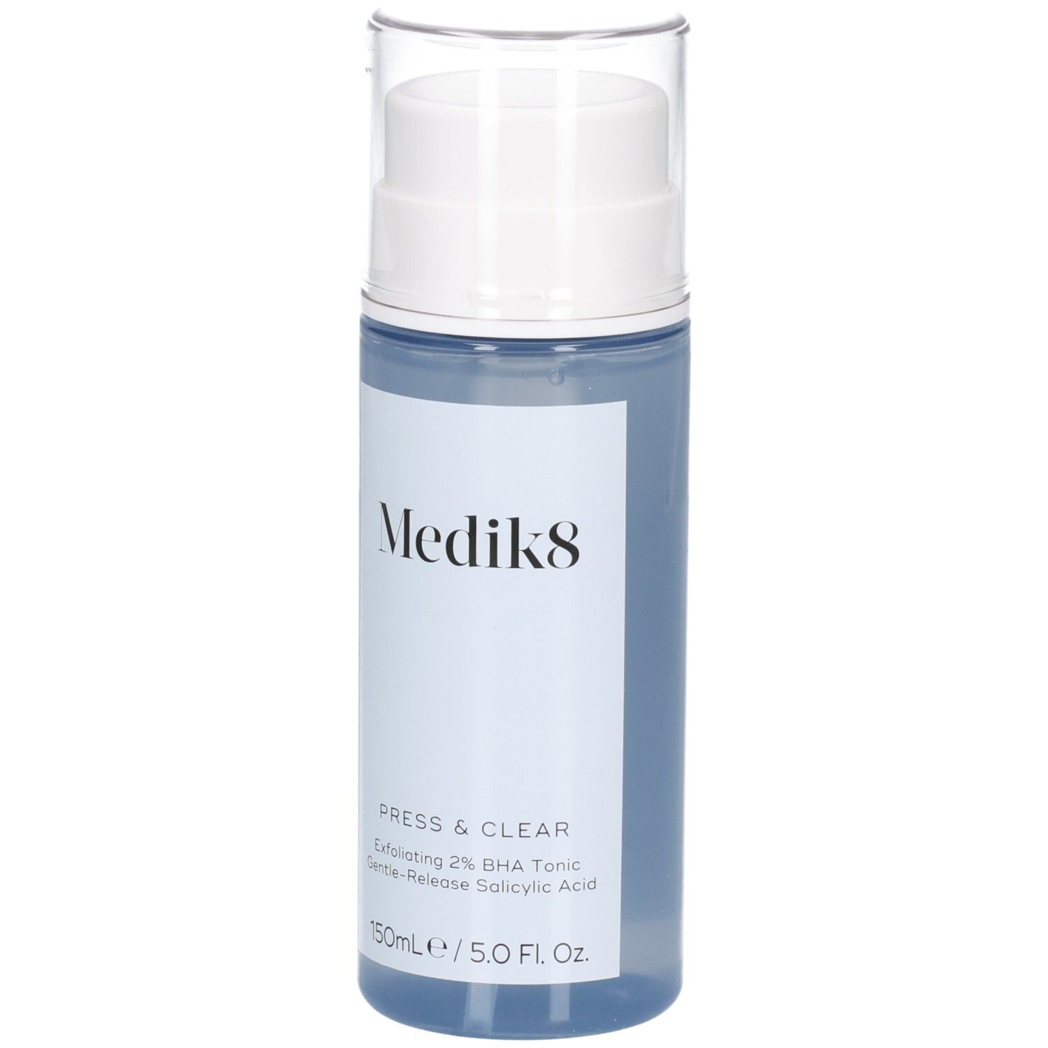 Flacone Medik8 Press & Clear 150ml con dispenser a pompa e tappo trasparente, vista frontale.