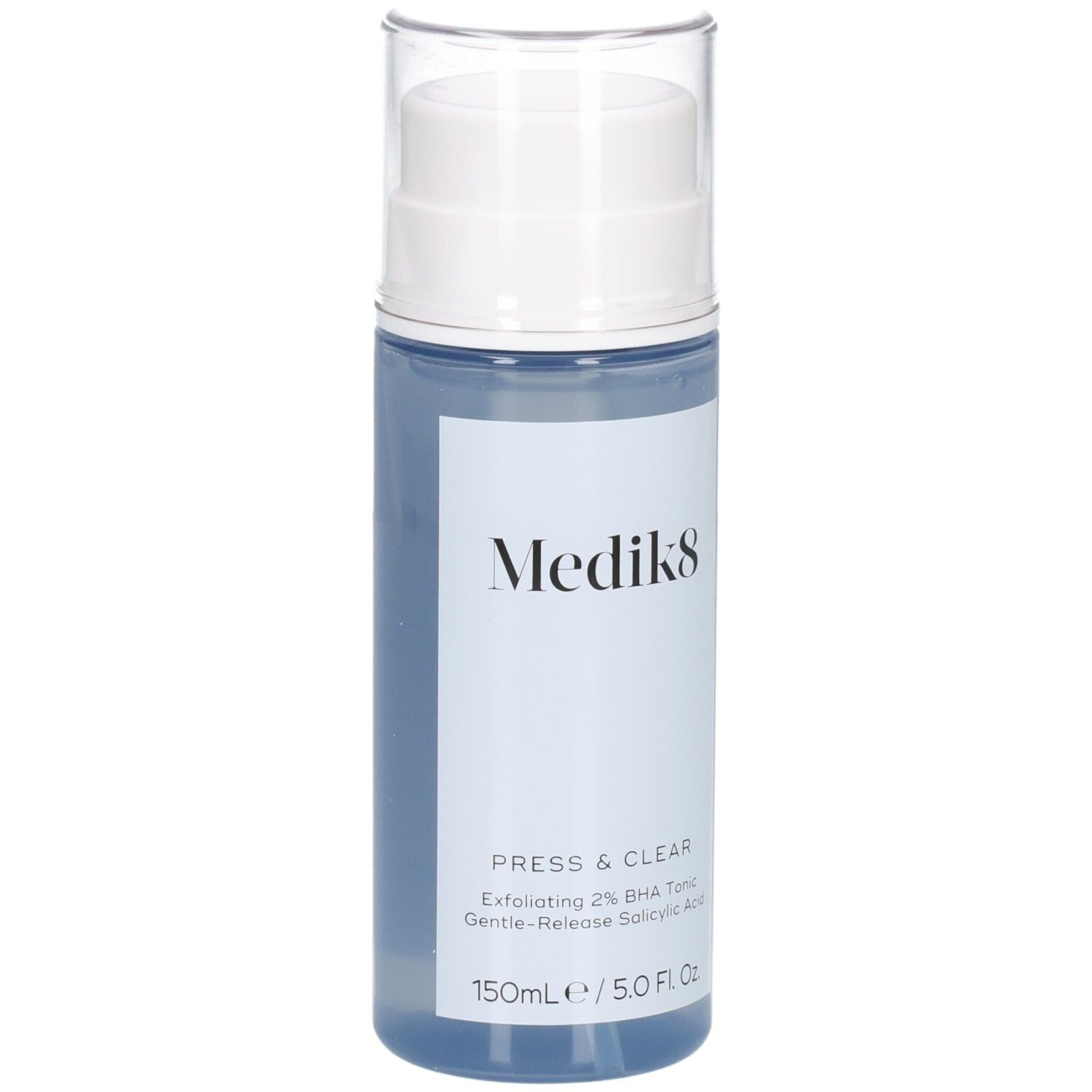 Flacone Medik8 Press & Clear 150ml, vista frontale con dispenser a pompa e tappo trasparente.