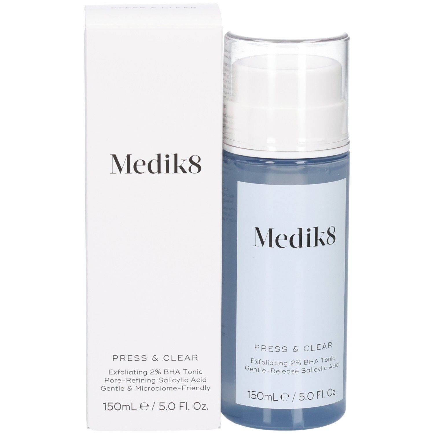 Flacone Medik8 Press & Clear 150ml e scatola di imballaggio, entrambi con informazioni sul prodotto.