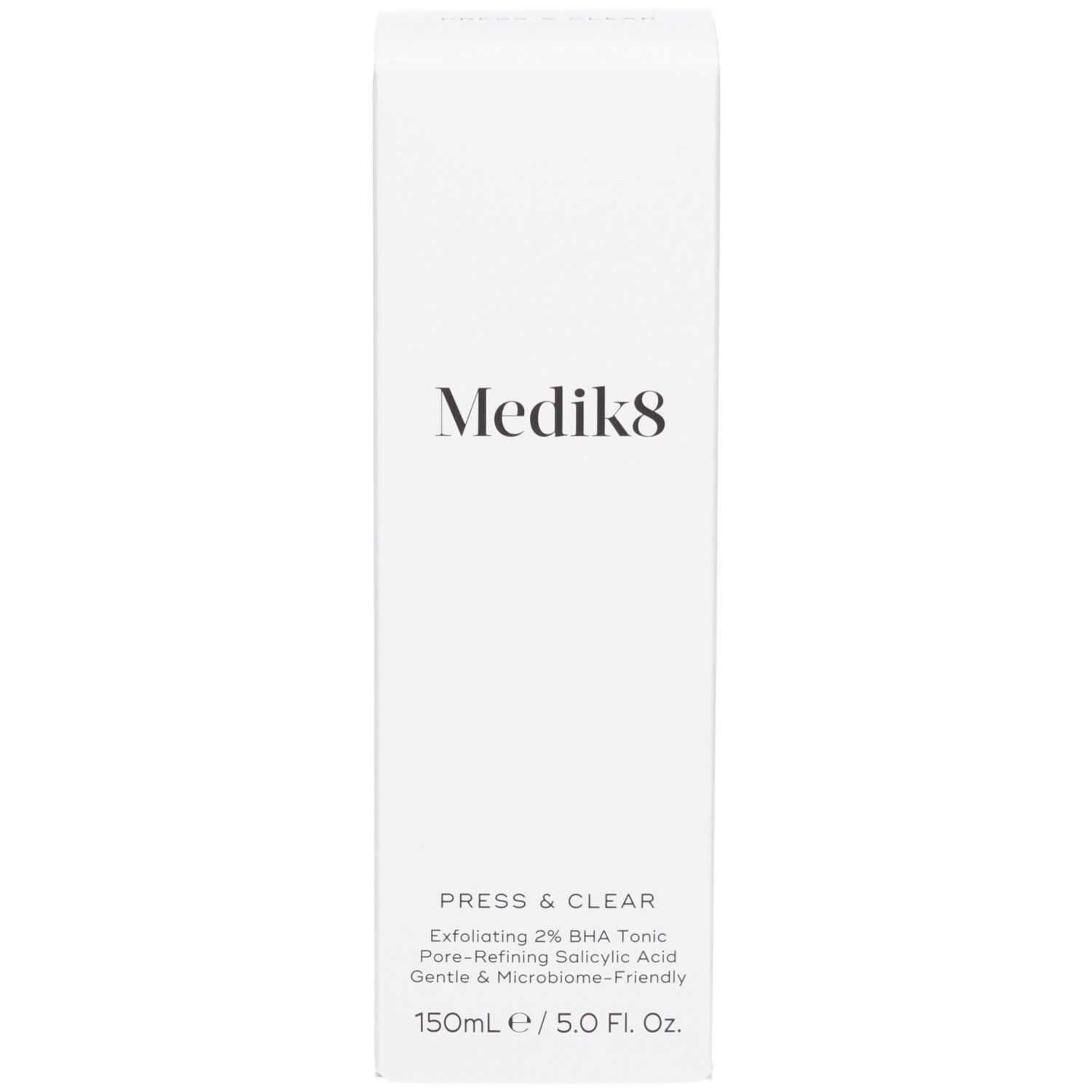 Scatola di imballaggio per Medik8 Press & Clear 150ml con informazioni dettagliate sul prodotto.