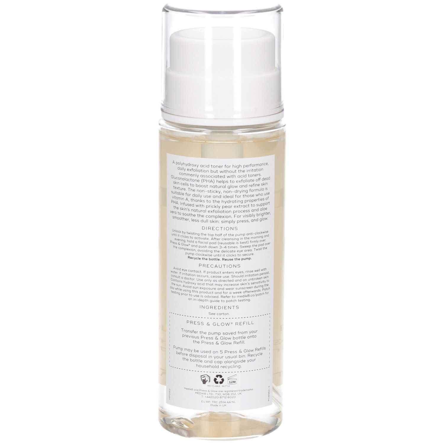 Retro del Medik8 Press & Glow Toner con ingredienti, istruzioni per l'uso e precauzioni.