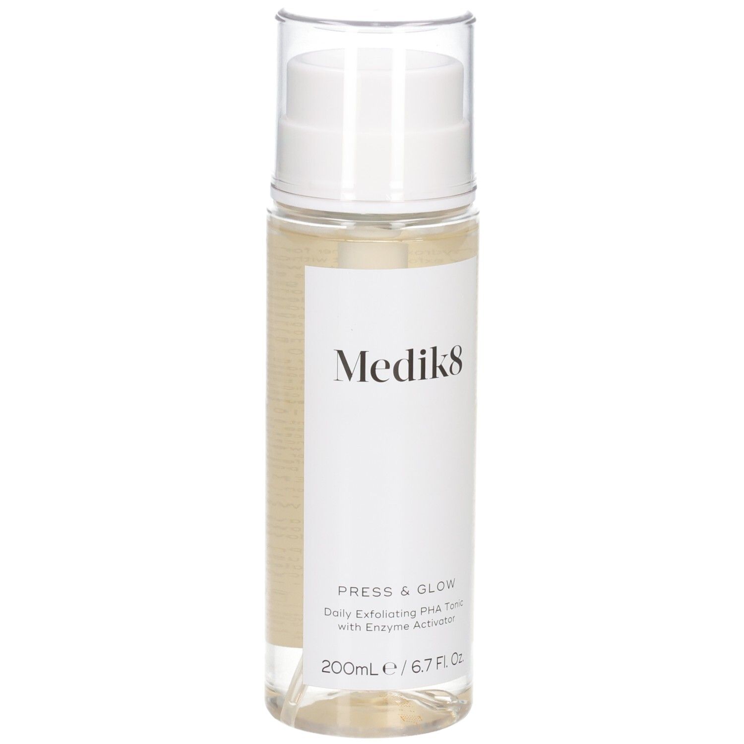 Medik8 Press & Glow Toner in flacone trasparente con erogatore a pompa bianco, vista frontale. Contiene 200ml.