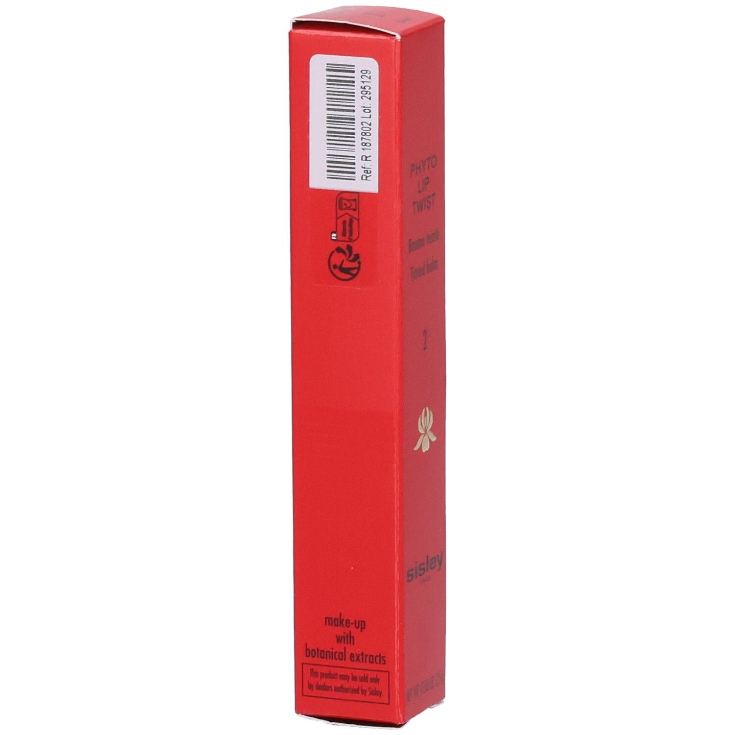 Sisley Phyto Lip Twist N. 2, retro della confezione rossa con codice a barre e informazioni.