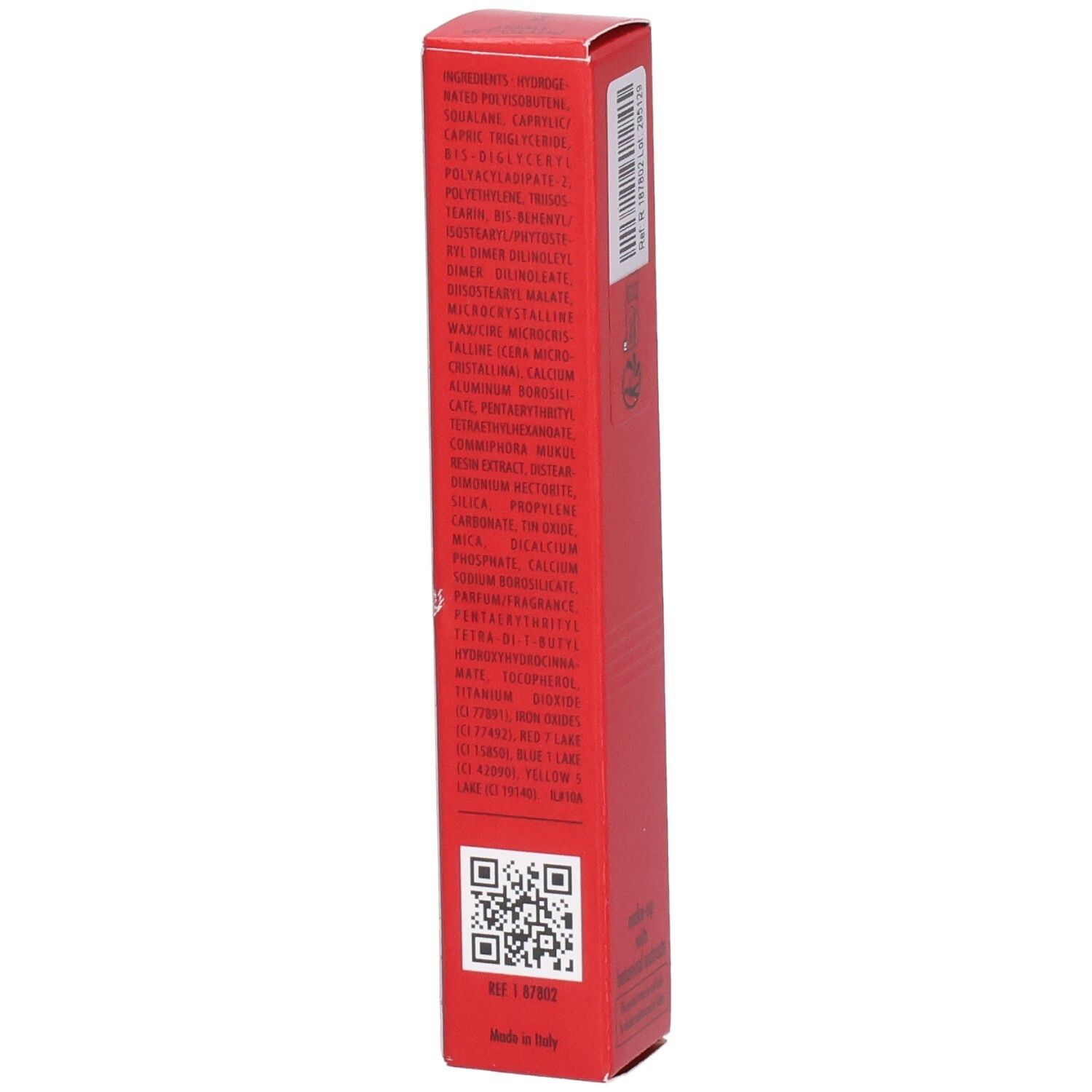 Sisley Phyto Lip Twist N. 2, vista laterale della confezione rossa con elenco ingredienti.