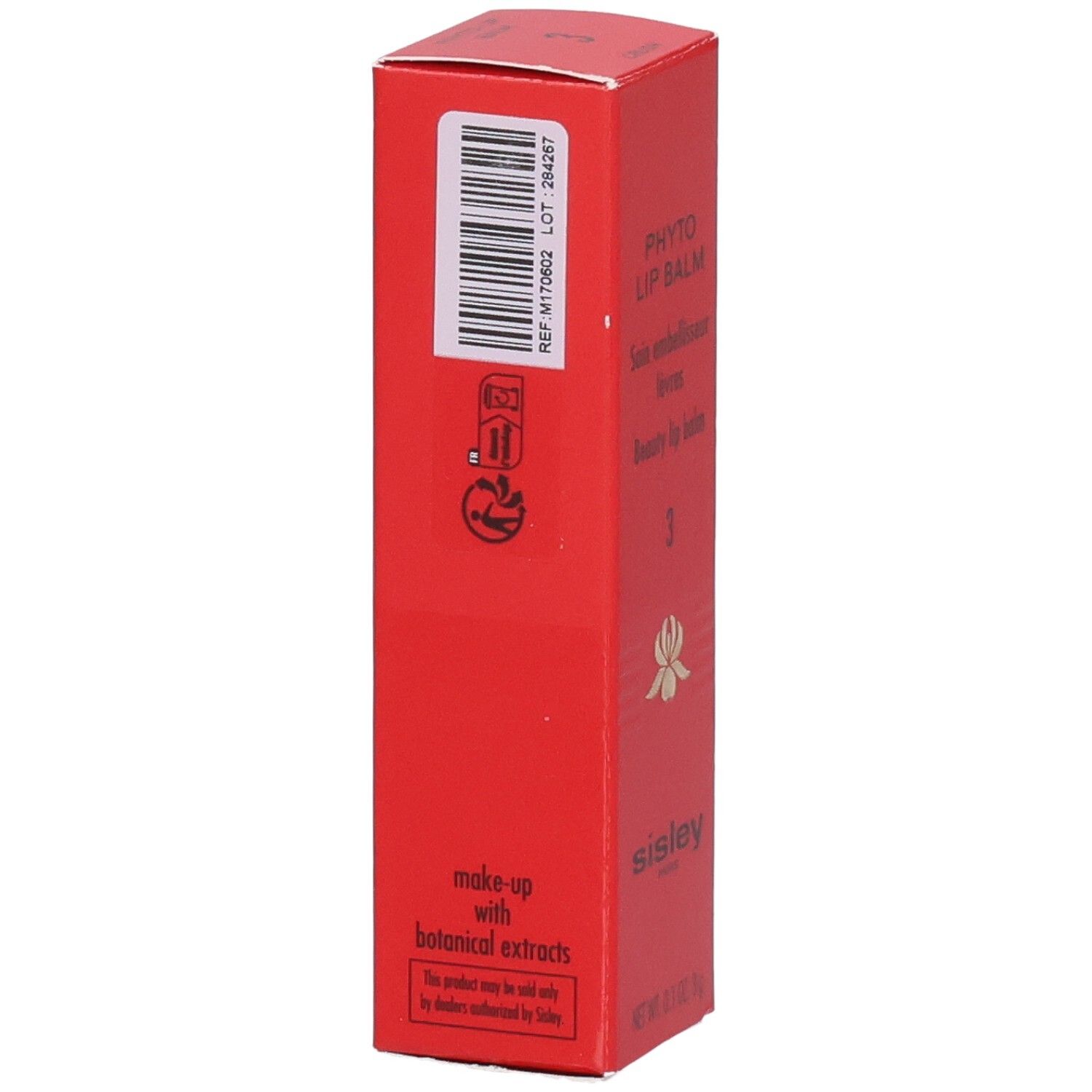 Scatola pieghevole rossa per SIS PHYTO LIP BALM, con simboli e indicazioni per lo smaltimento.