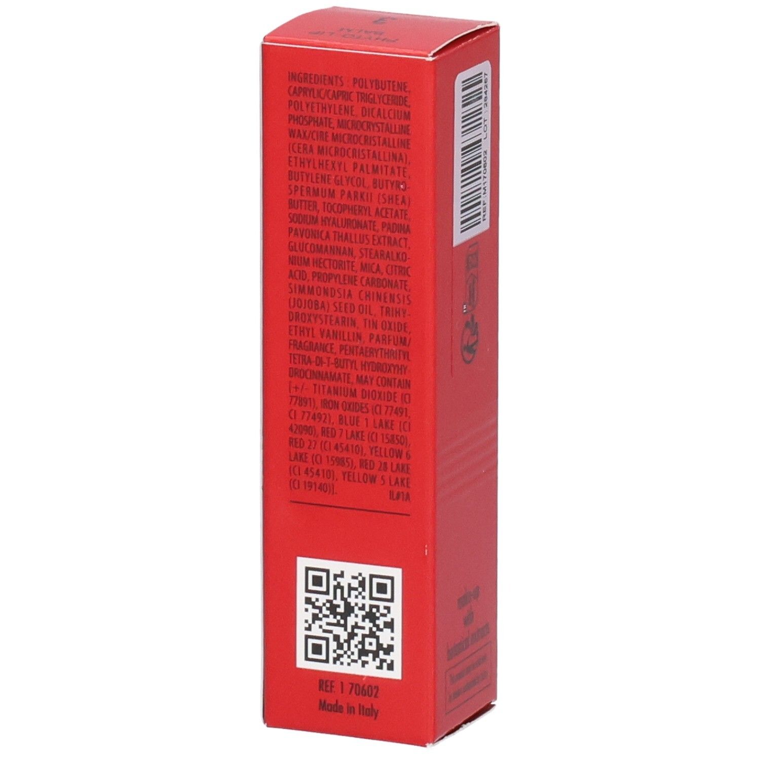 Scatola pieghevole rossa per SIS PHYTO LIP BALM, con elenco ingredienti e codice QR.
