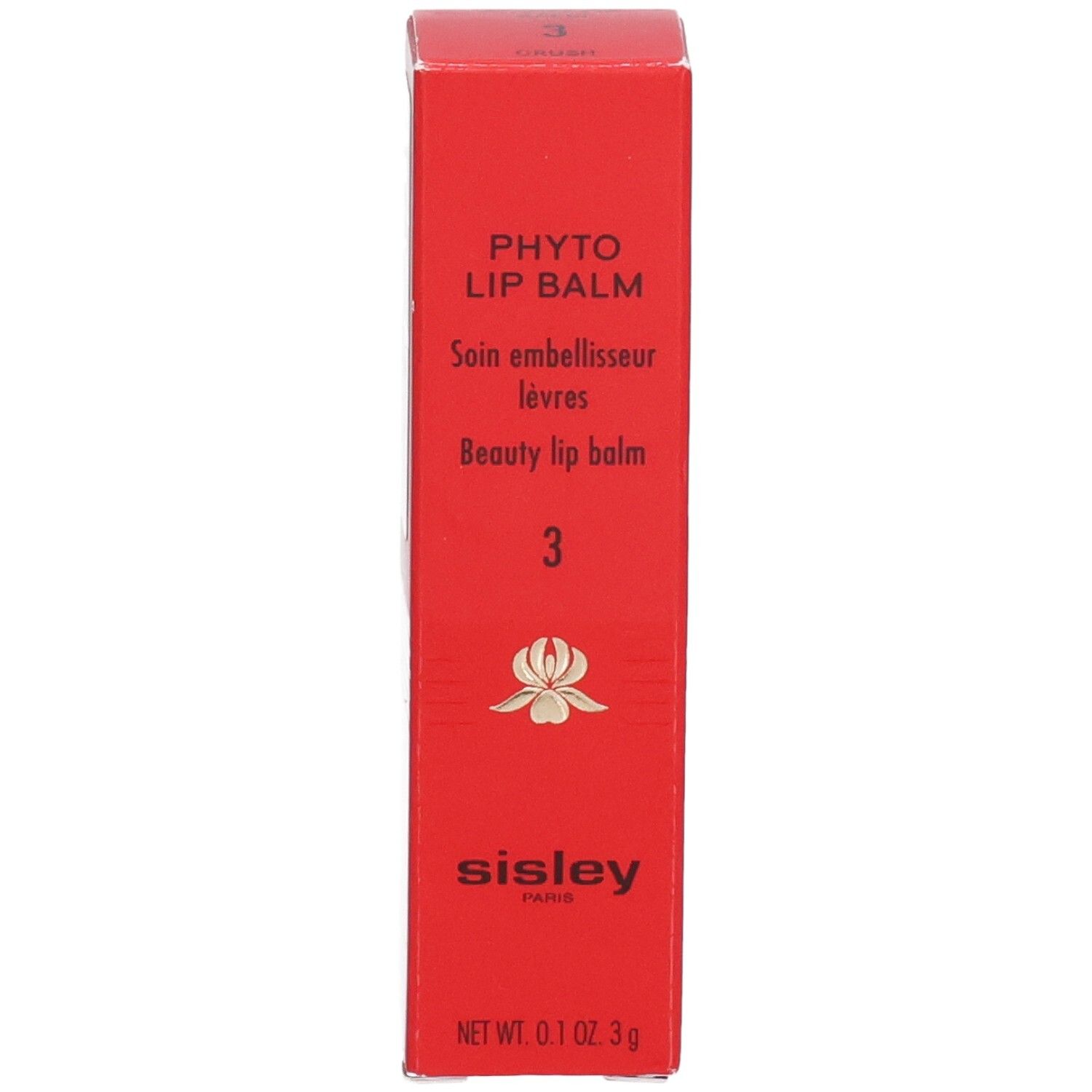 Scatola pieghevole rossa per SIS PHYTO LIP BALM, con informazioni prodotto e logo Sisley.