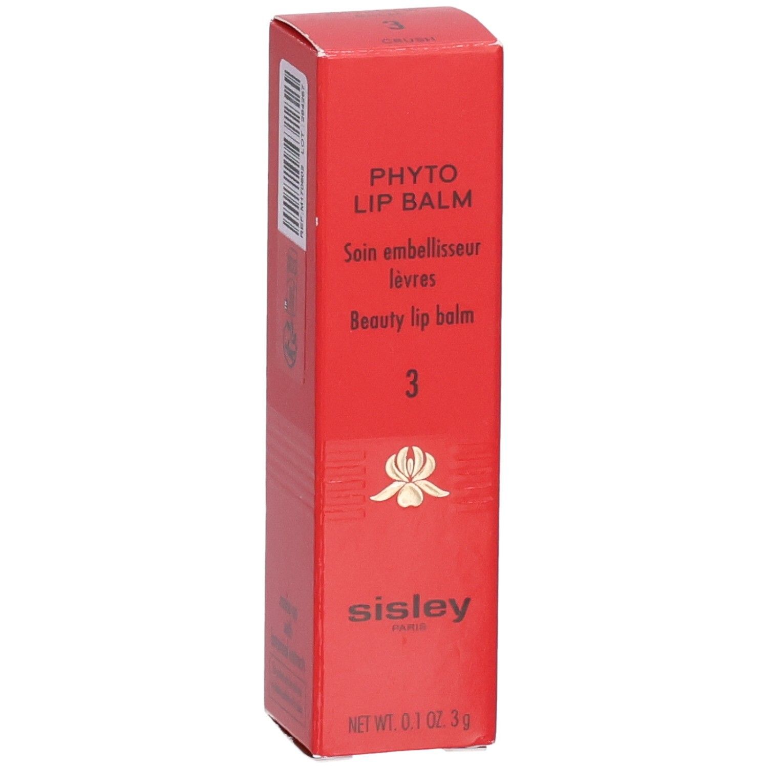 Scatola pieghevole rossa per SIS PHYTO LIP BALM, con informazioni prodotto e logo Sisley.