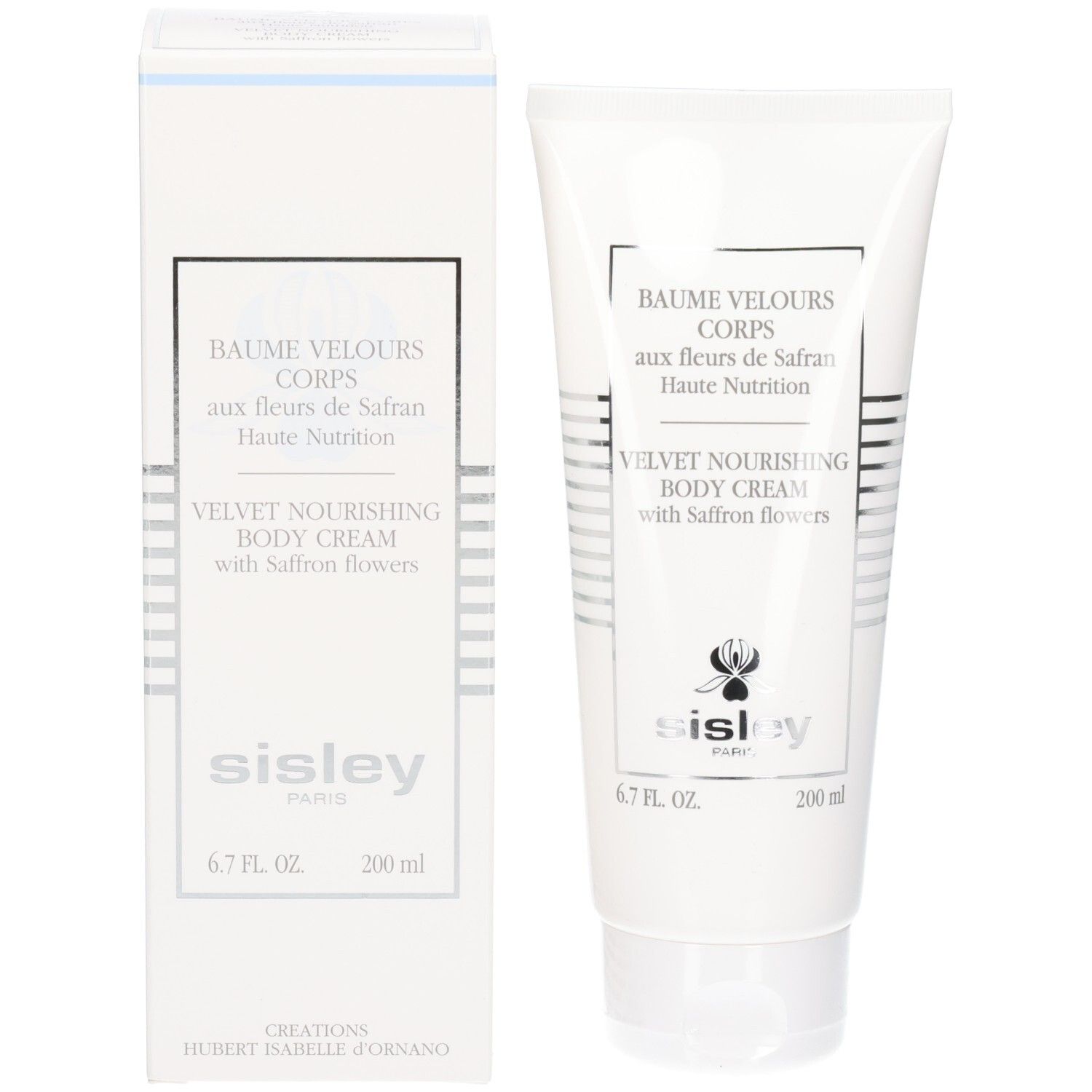 Tubo bianco e scatola pieghevole per crema corpo SISLEY ai fiori di zafferano.