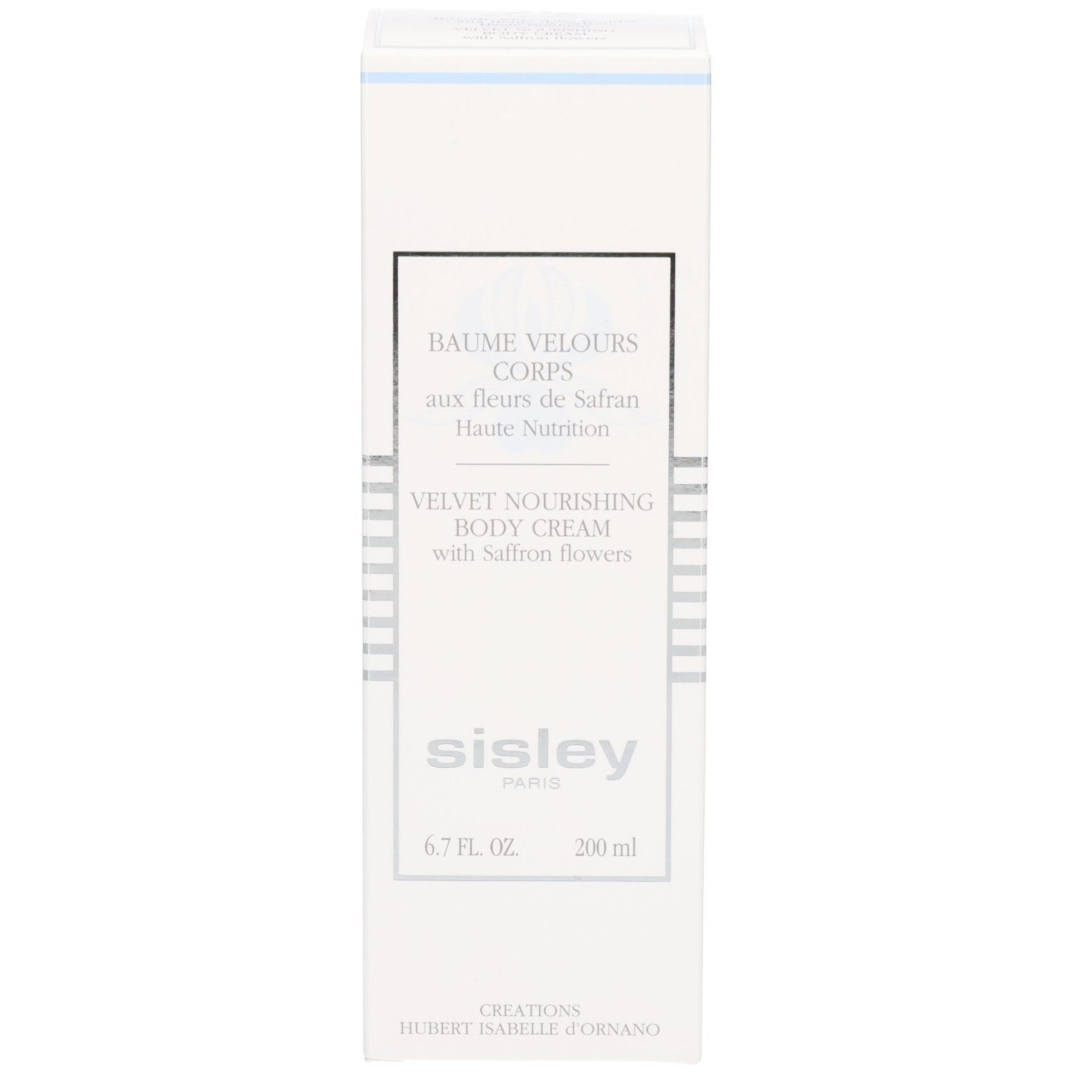 Fronte di una scatola pieghevole bianca per crema corpo SISLEY ai fiori di zafferano.