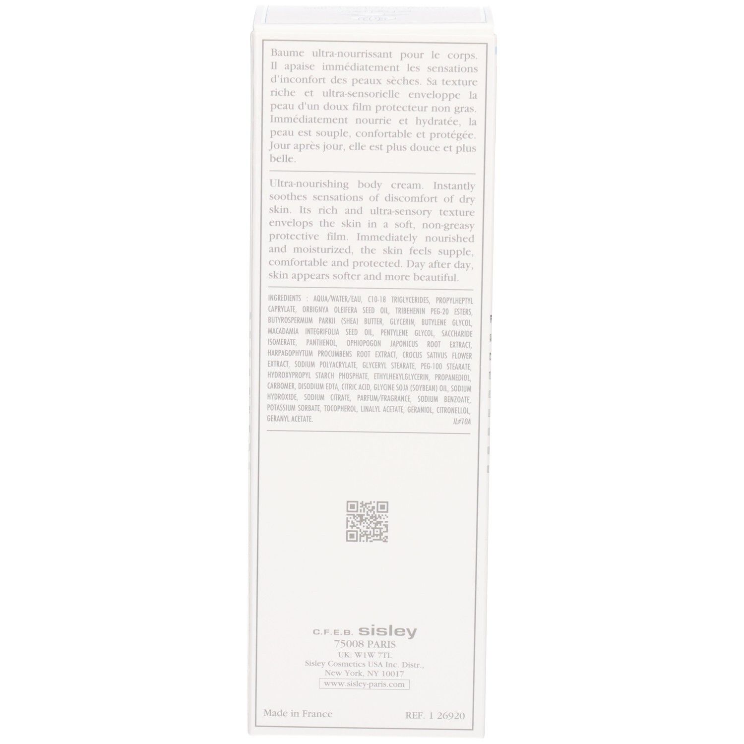Retro di una scatola pieghevole bianca con informazioni dettagliate sul prodotto e codice QR.