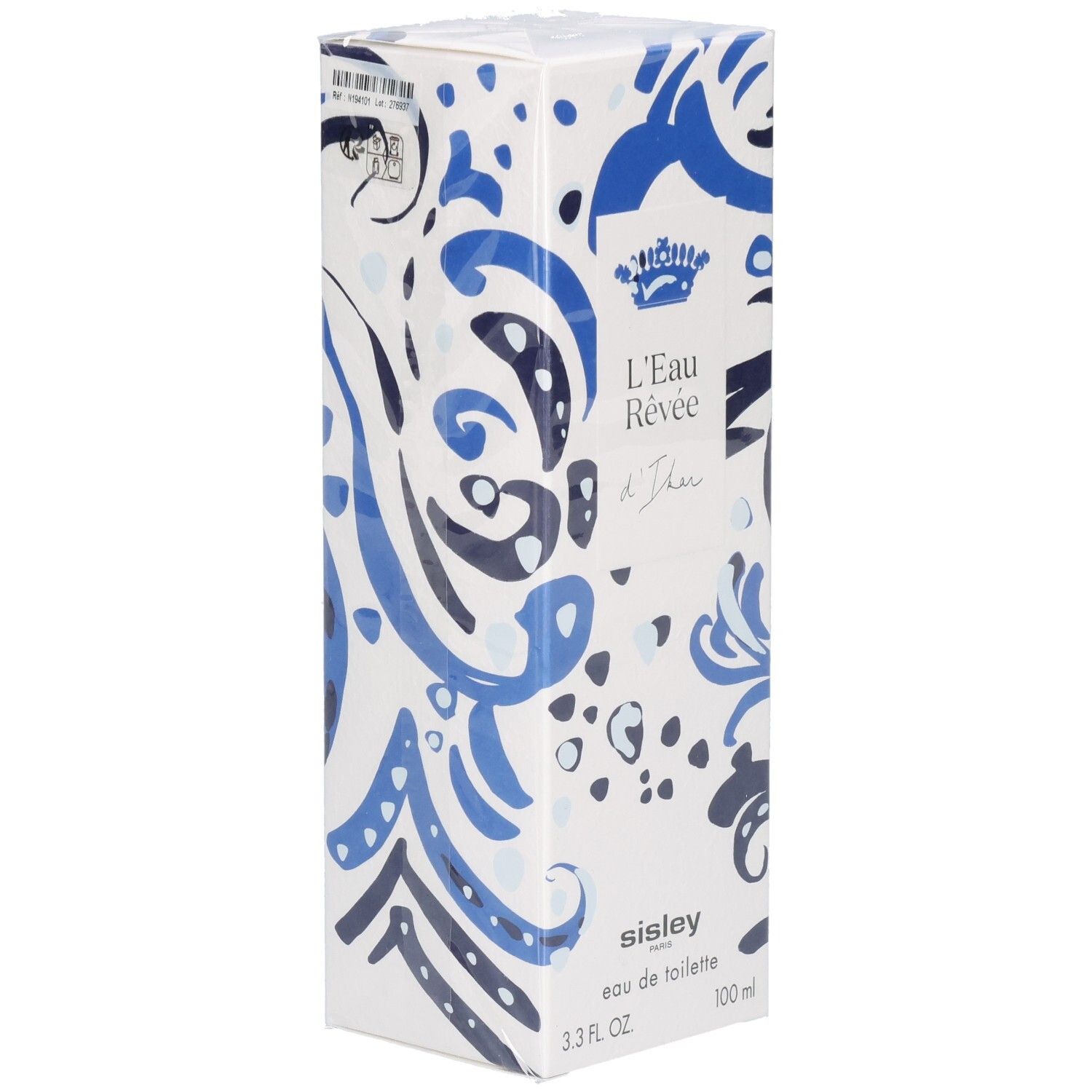 Confezione di L'Eau Rêvée d'Ikar con motivo blu e bianco e corona reale.