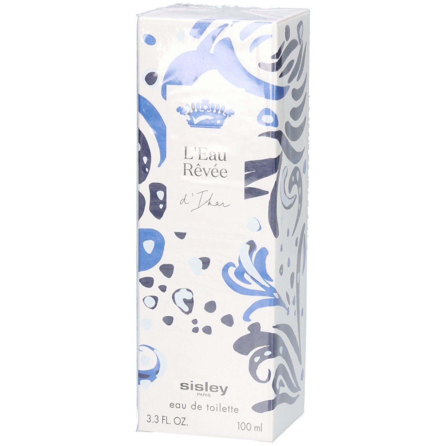 Confezione di L'Eau Rêvée d'Ikar con motivo blu e bianco e corona reale.