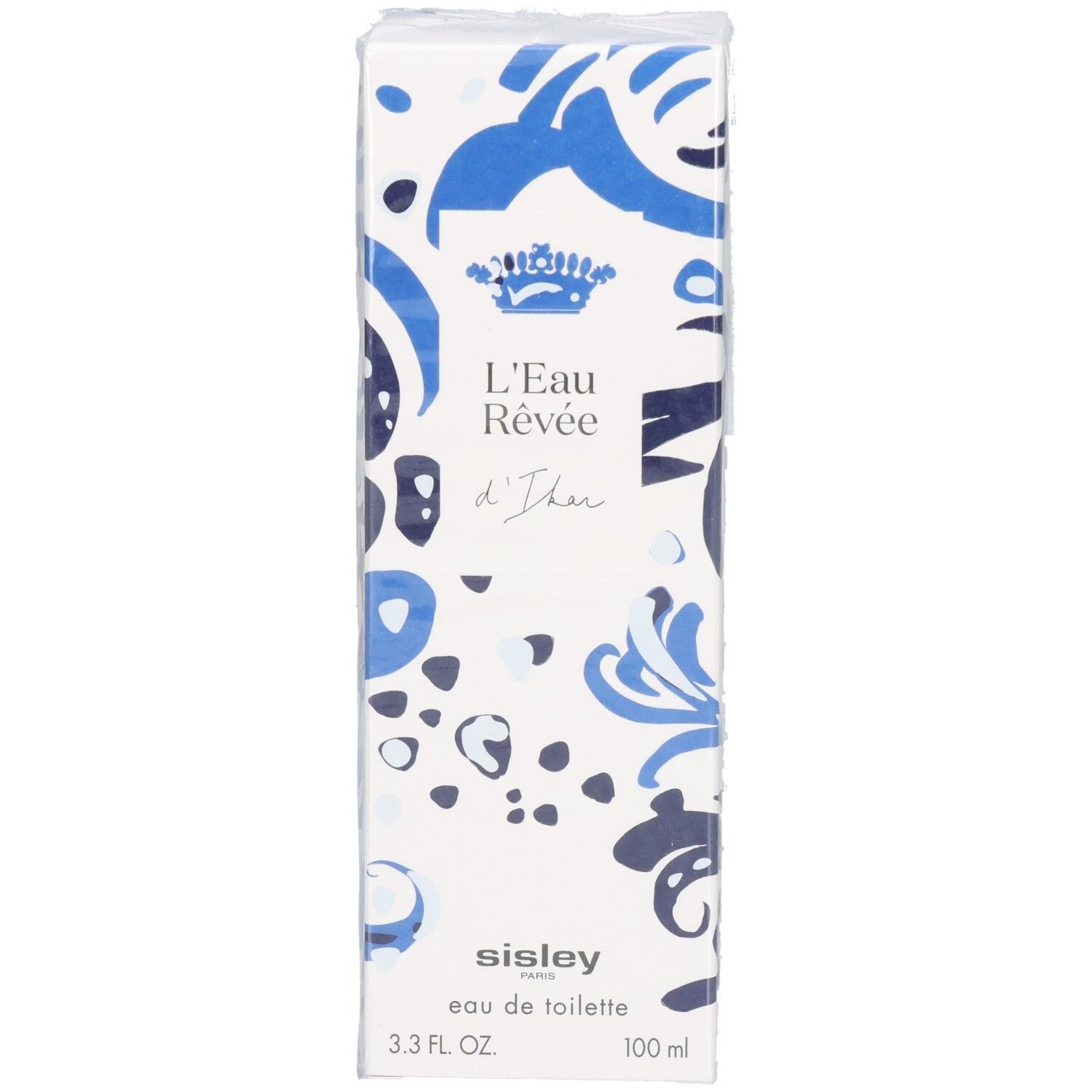 Confezione di L'Eau Rêvée d'Ikar con motivo blu e bianco e corona reale.