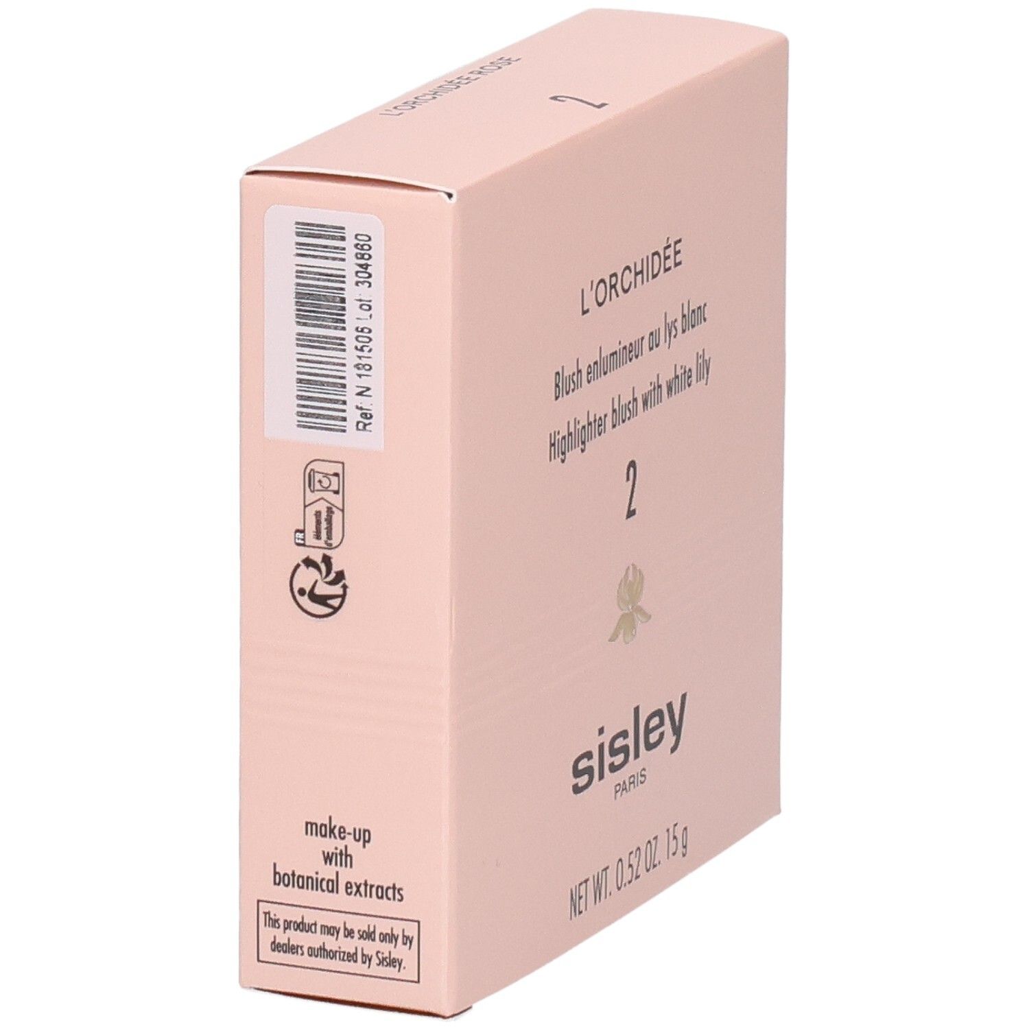 Sisley L'Orchidée Rose Blush, N. 2. Vista laterale della scatola rosa con codice a barre e indicazioni.