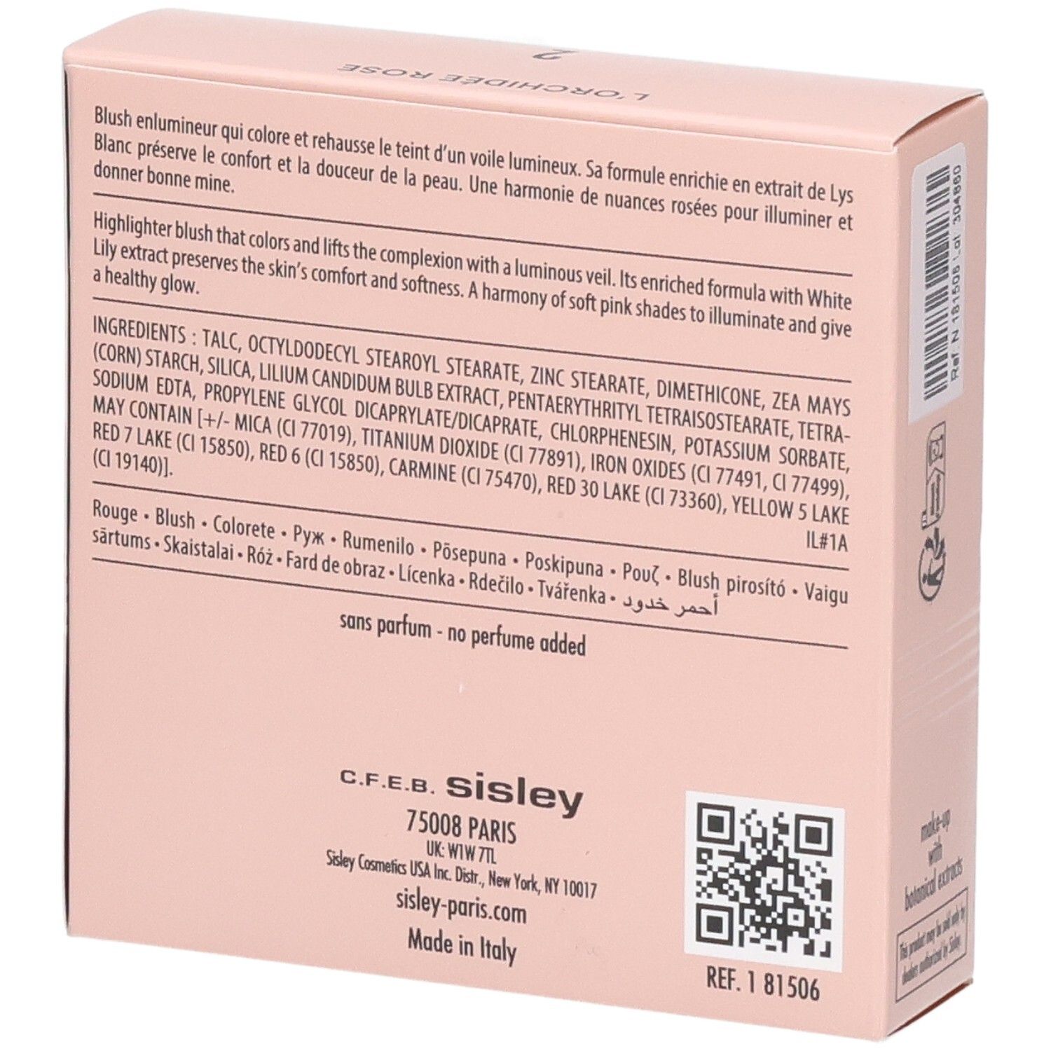 Sisley L'Orchidée Rose Blush, N. 2. Retro della scatola rosa con elenco ingredienti e dati del produttore.