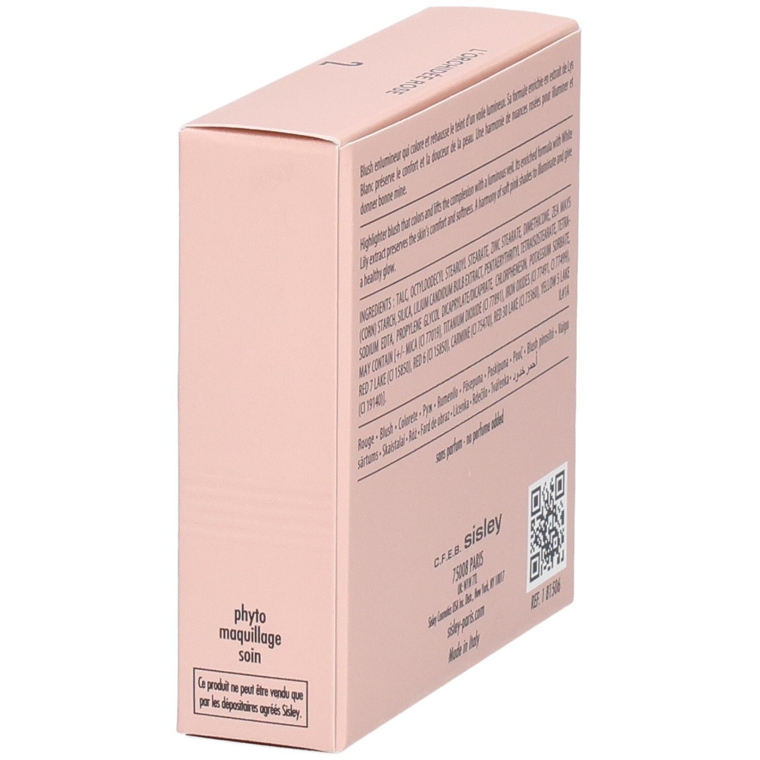 Sisley L'Orchidée Rose Blush, N. 2. Vista laterale della scatola rosa con indicazioni d'uso e origine.