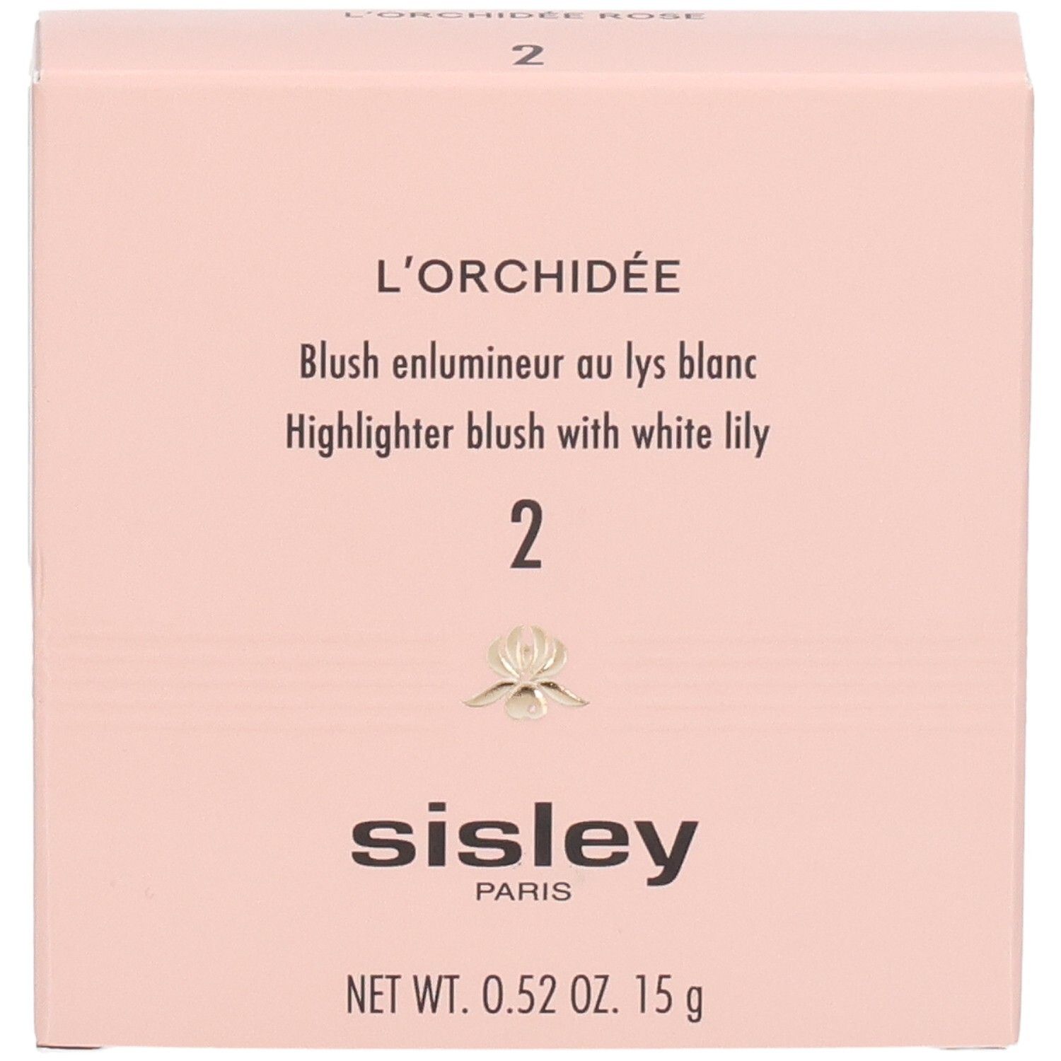 Sisley L'Orchidée Rose Blush, N. 2. Fronte della scatola rosa con nome del prodotto e logo.