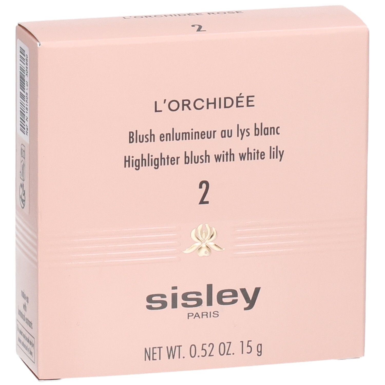 Sisley L'Orchidée Rose Blush, N. 2. Scatola rosa con informazioni prodotto, logo e peso.