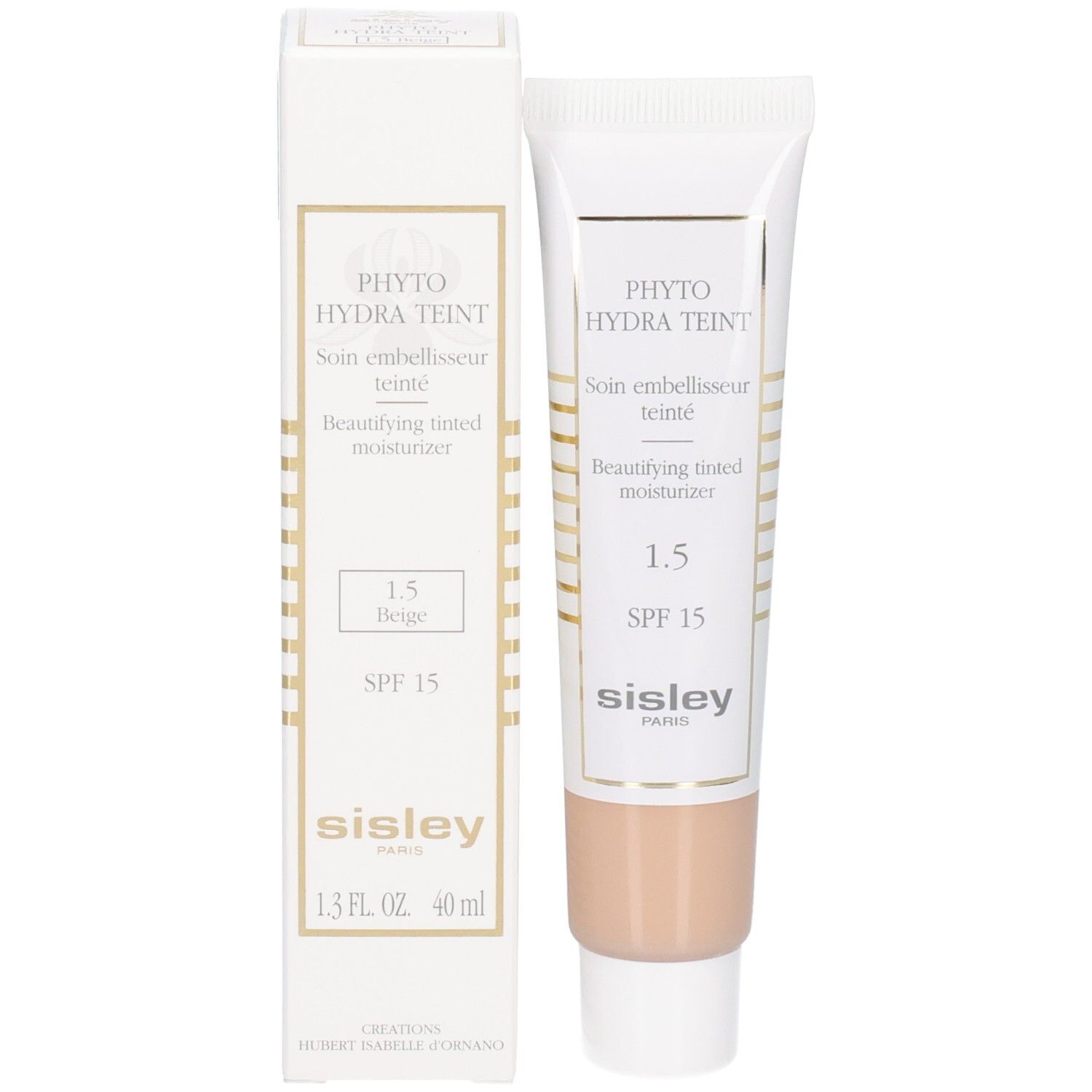 Sisley Phyto-Hydra Teint, tonalità 1.5 Beige, idratante colorato con SPF 15 e confezione.