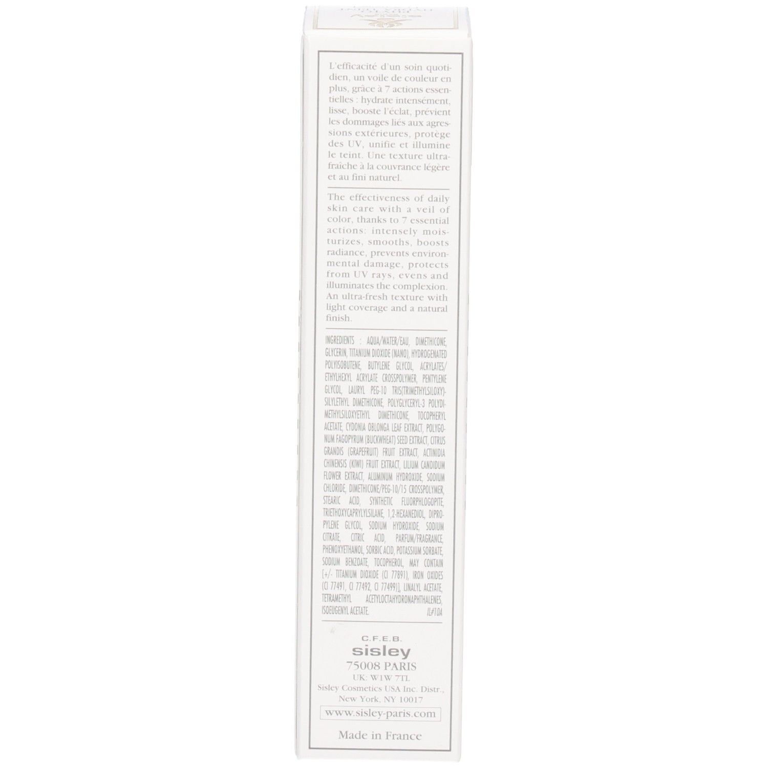 Sisley Phyto-Hydra Teint, vista laterale della confezione con ingredienti e dettagli produttore.