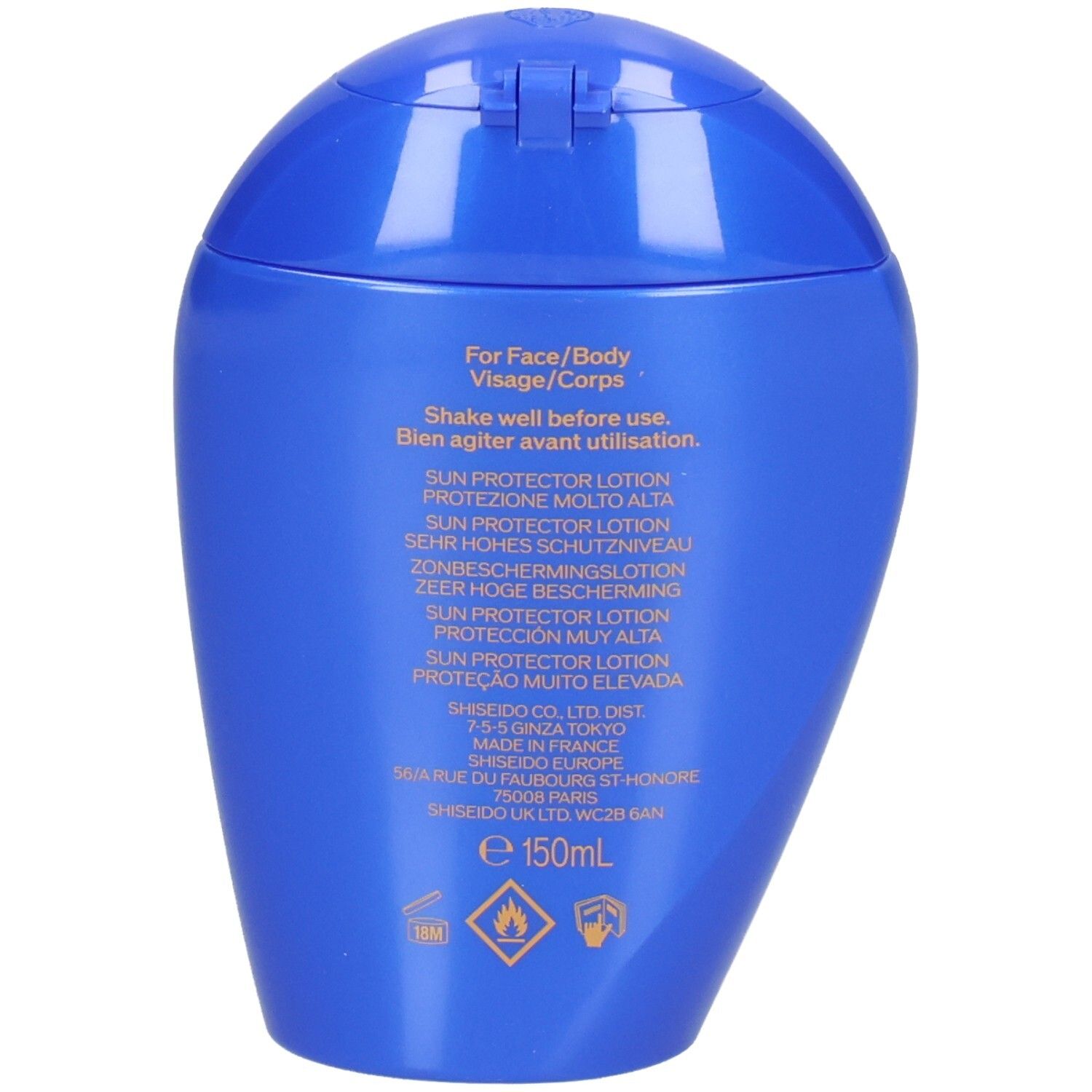 Retro della bottiglia SHISHEIDO Expert Sun Protector Lotion SPF50+.