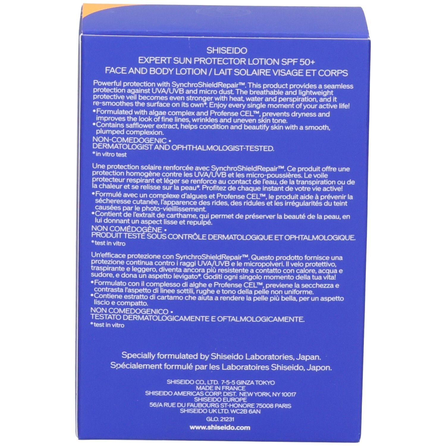 Retro della scatola SHISHEIDO Expert Sun Protector Lotion SPF50+.