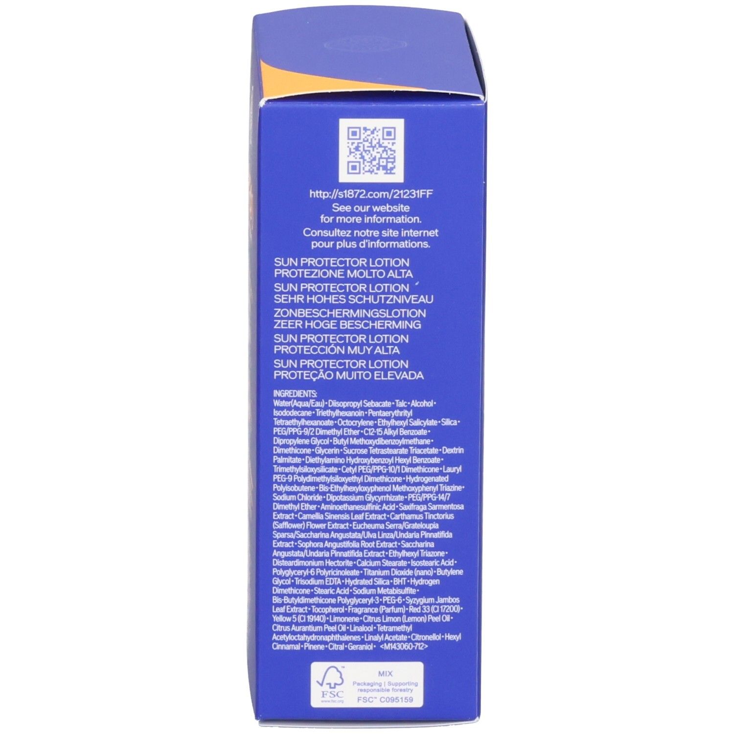 Vista laterale della scatola SHISHEIDO Expert Sun Protector Lotion SPF50+ con QR code.