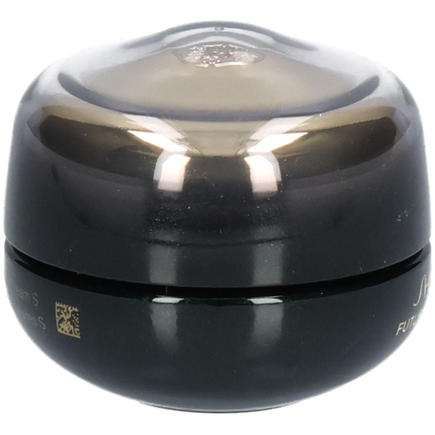 Shiseido Future Solution LX Crema Rigenerante Contorno Occhi e Labbra, vaso nero, coperchio trasparente, codice QR.