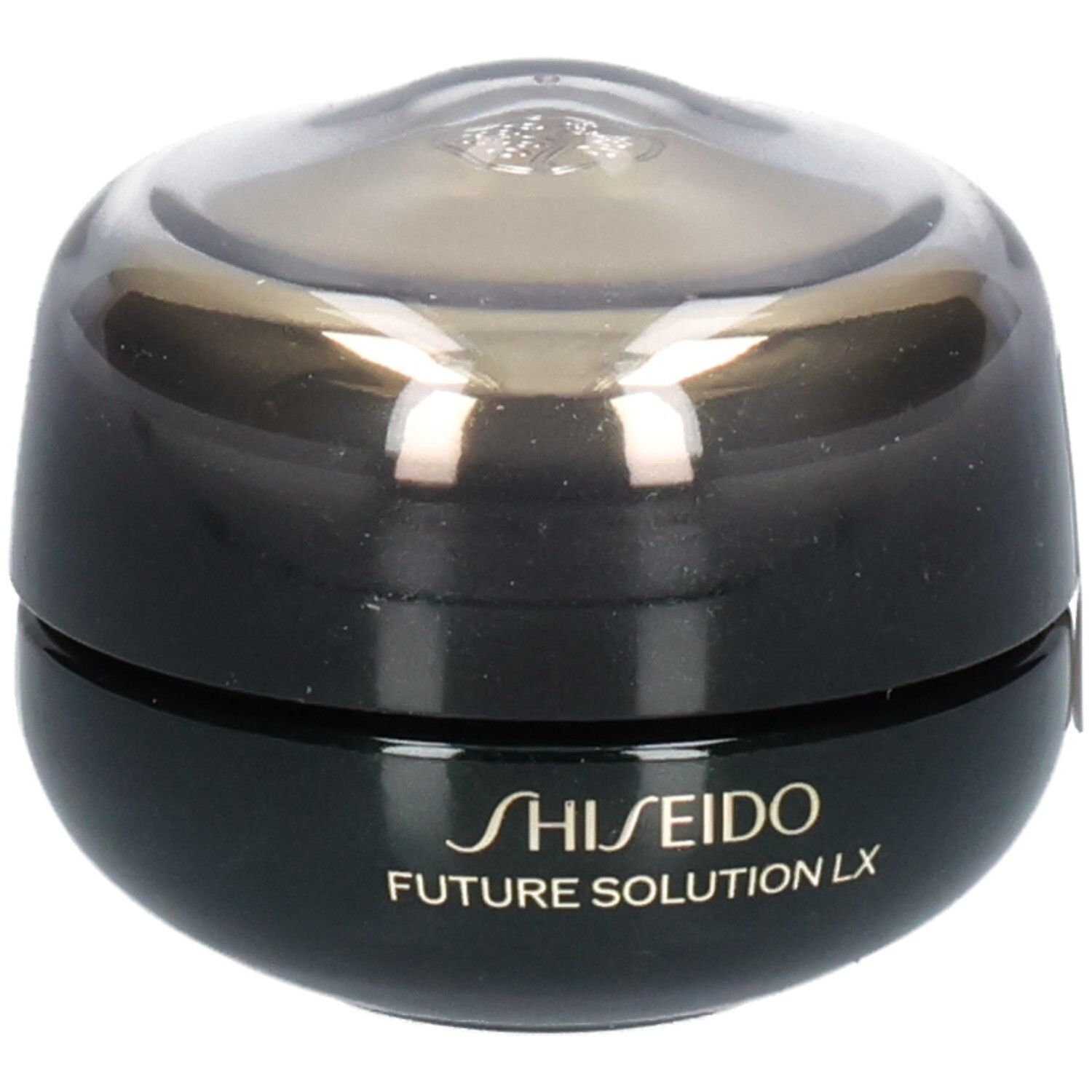 Shiseido Future Solution LX Crema Rigenerante Contorno Occhi e Labbra, vaso nero con coperchio trasparente.