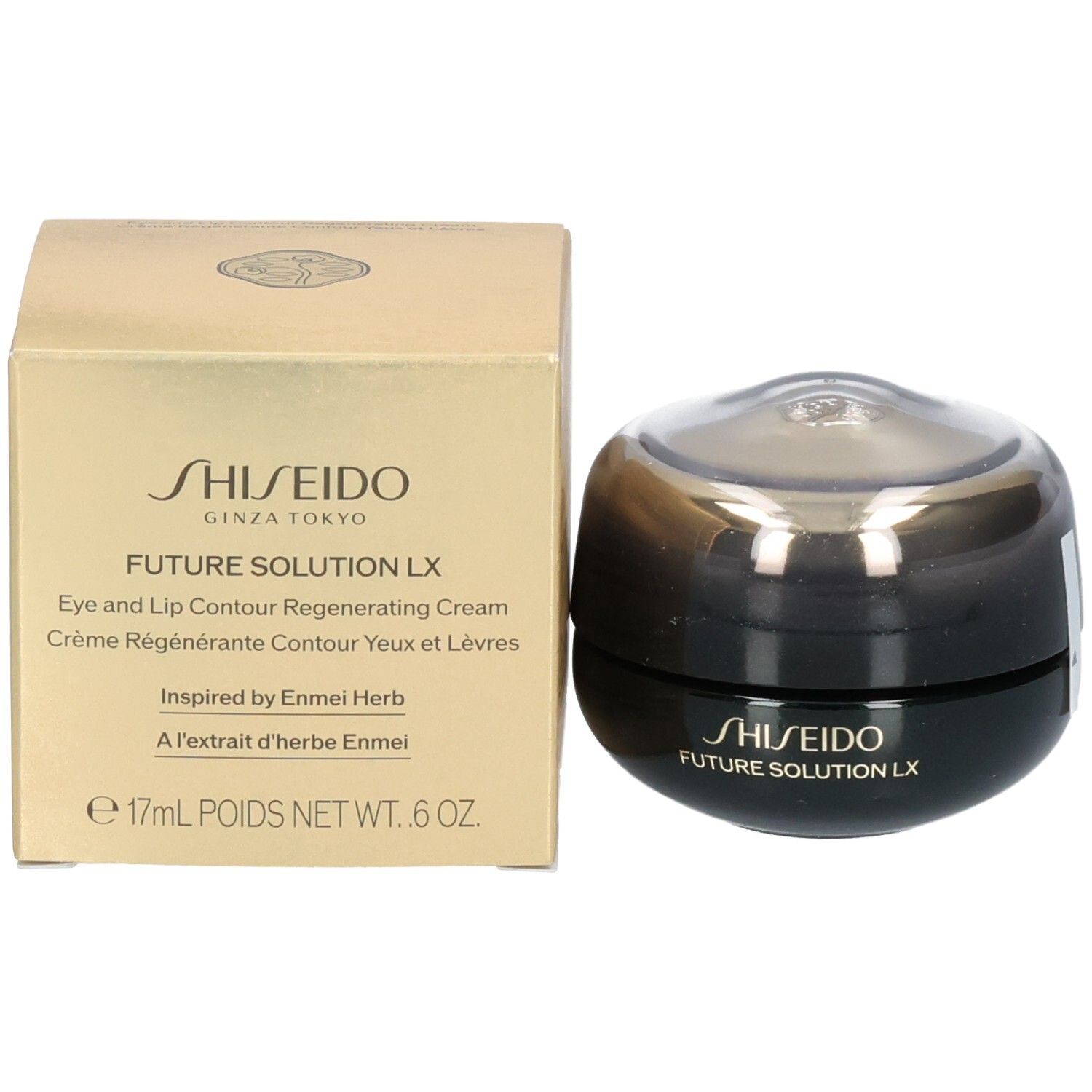 Shiseido Future Solution LX Crema Rigenerante Contorno Occhi e Labbra in vaso accanto alla confezione dorata.