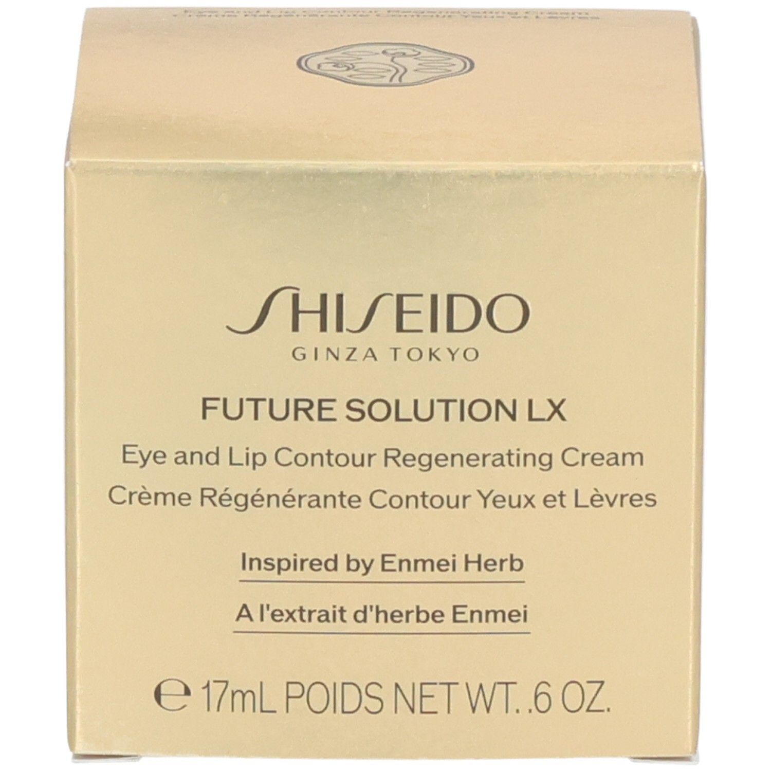 Shiseido Future Solution LX Crema Rigenerante Contorno Occhi e Labbra, confezione dorata con informazioni sul prodotto.