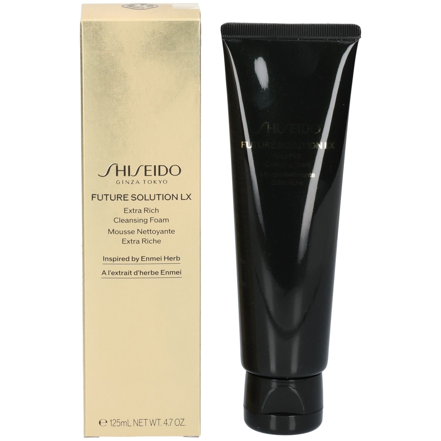 Tubo Shiseido Future Solution LX Extra Rich Cleansing Foam e confezione dorata.