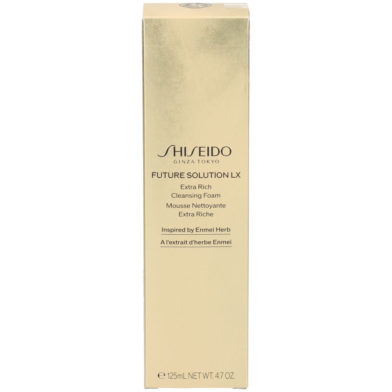 Confezione dorata Shiseido Future Solution LX Extra Rich Cleansing Foam con informazioni sul prodotto.