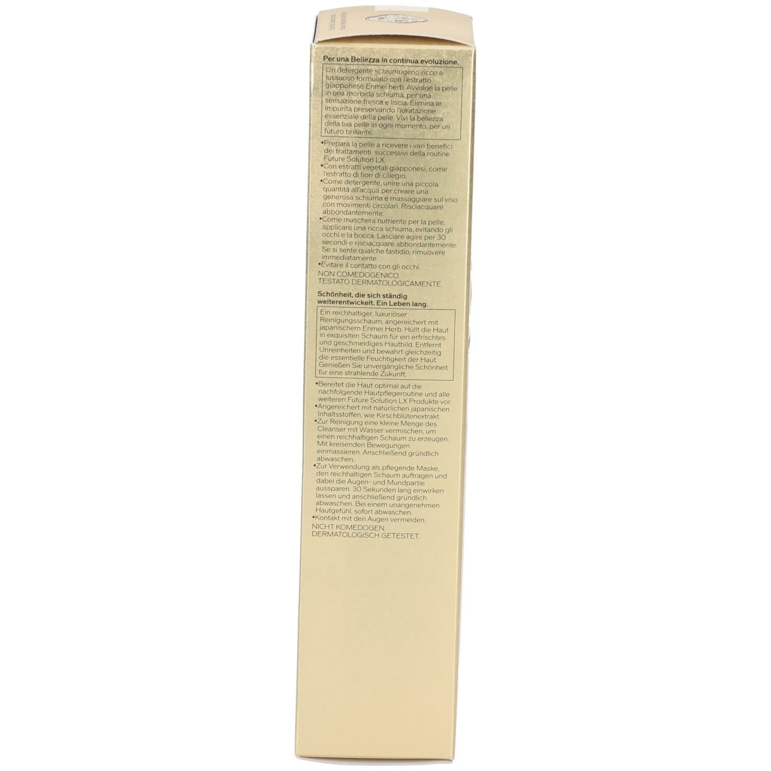Lato della confezione dorata Shiseido Future Solution LX con informazioni dettagliate sul prodotto.