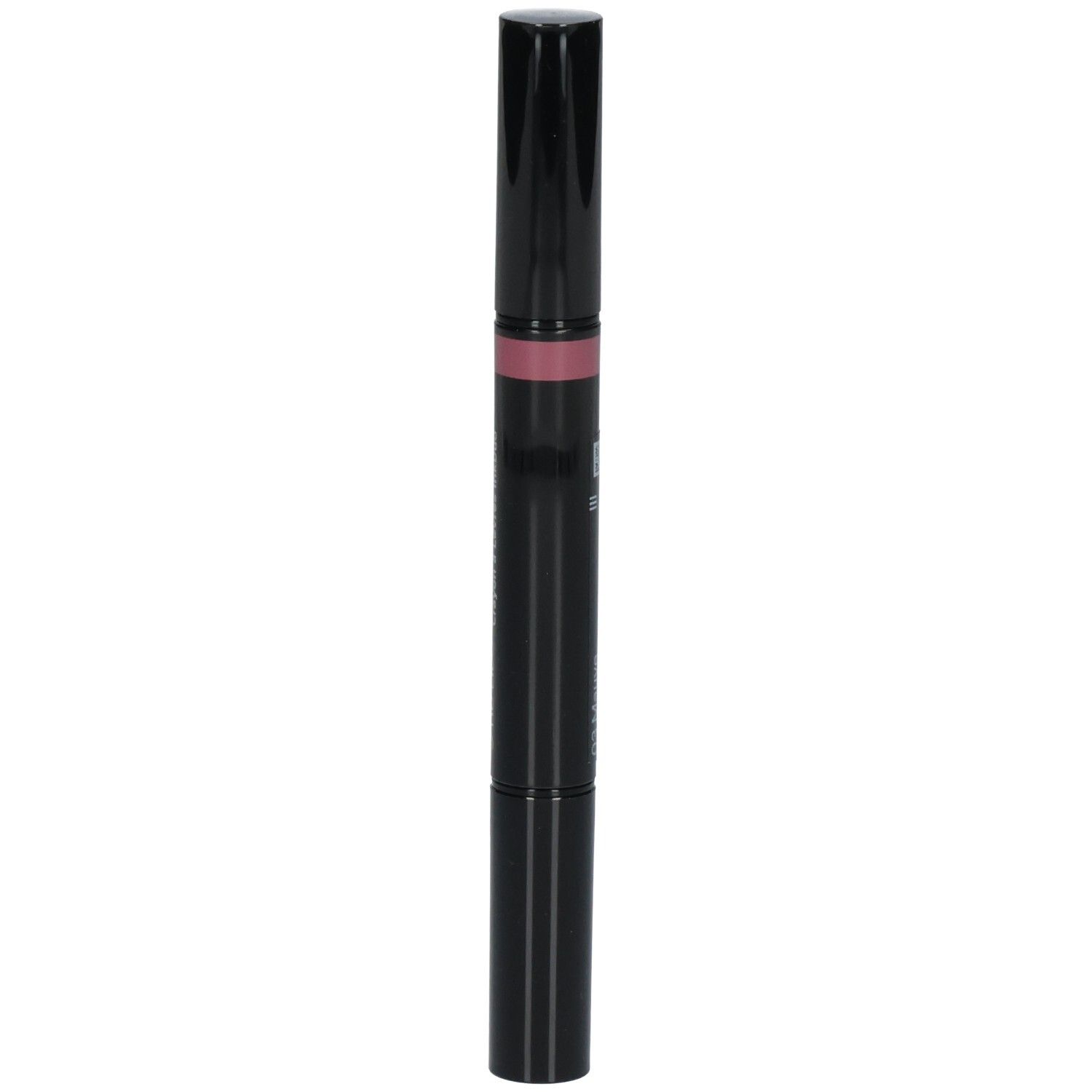 Un applicatore di rossetto nero e sottile con una punta rosa a un'estremità.