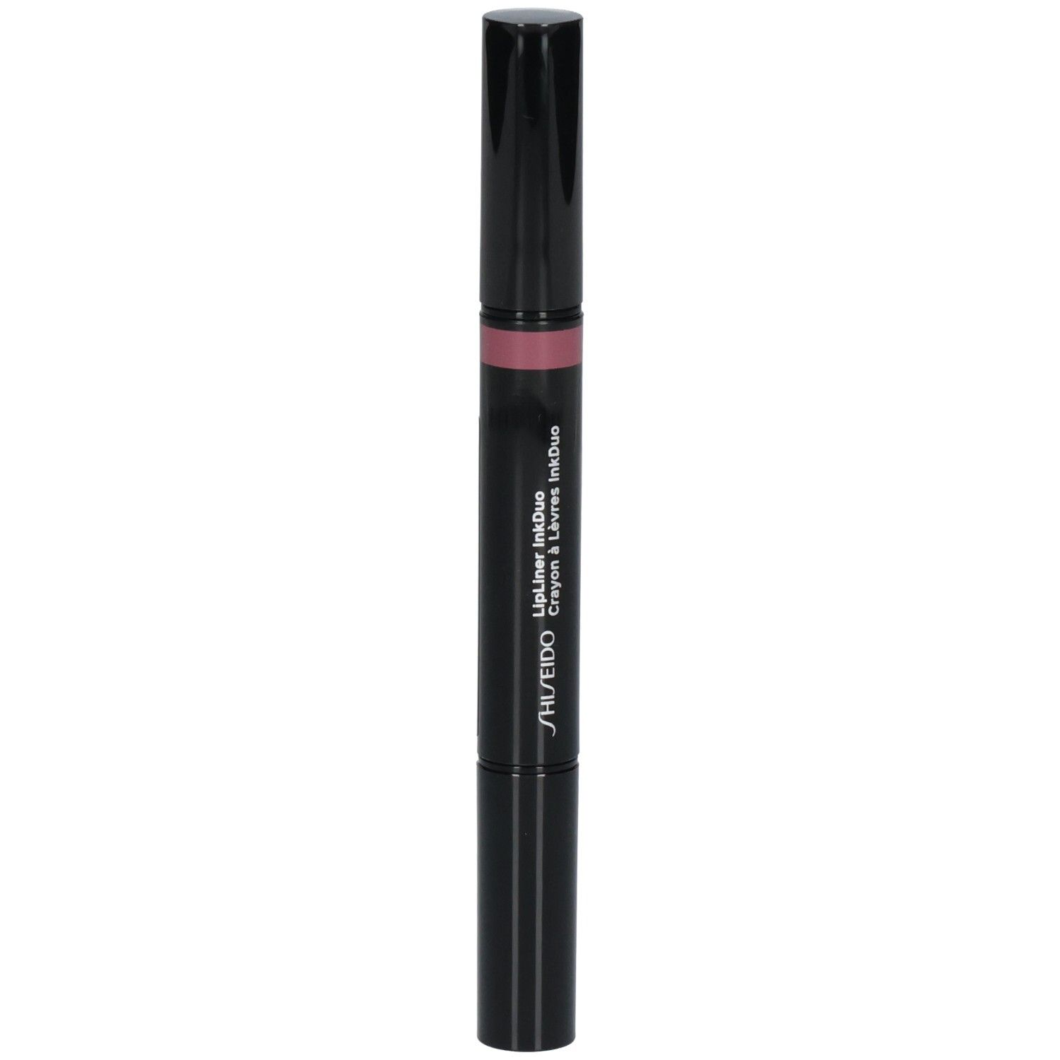 Shiseido LipLiner InkDuo, rossetto bifacciale nero con applicatore color malva.