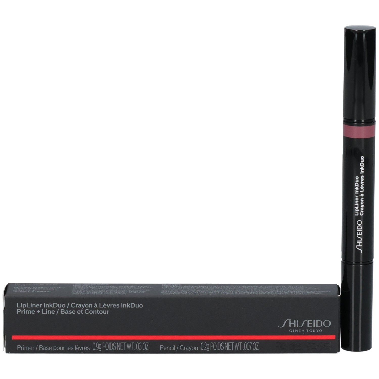 Matita e confezione Shiseido LipLiner InkDuo in nero e rosso.