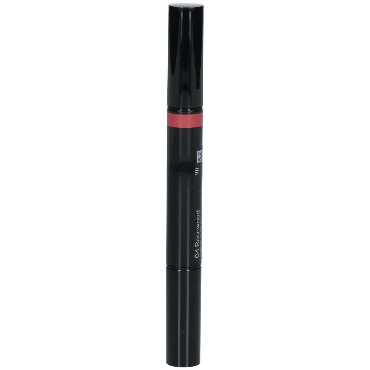 Rossetto doppio Shiseido, nero, con applicatore rosso e colore 04 Rosewood.