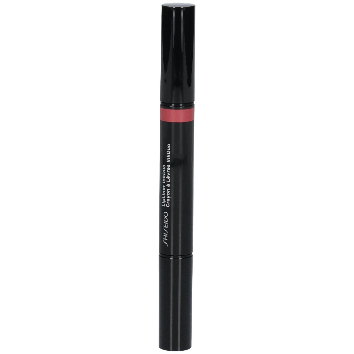Stick rossetto nero a due estremità, una nera e una rosa. Logo Shiseido visibile.