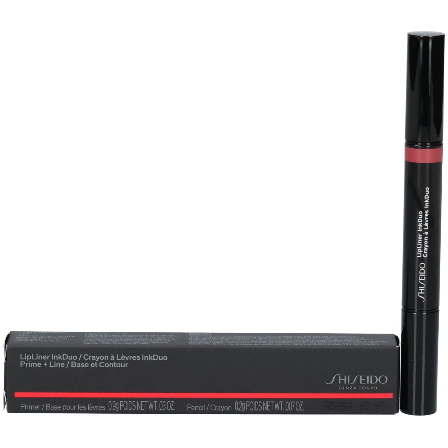 Matita Shiseido LipLiner InkDuo in tonalità rosa scuro. Include primer e matita contorno.