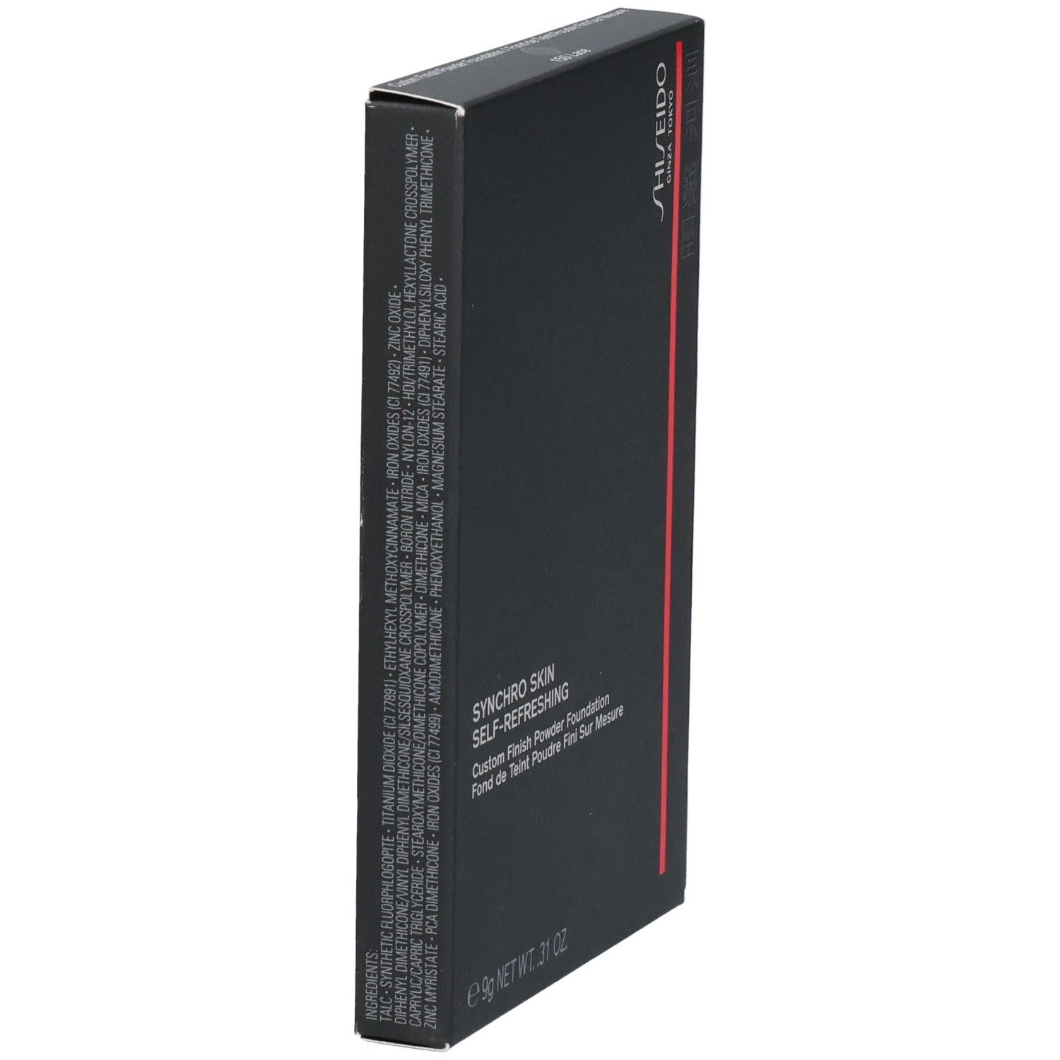 Retro della confezione del fondotinta in polvere SHISEIDO Synchro Skin con ingredienti.
