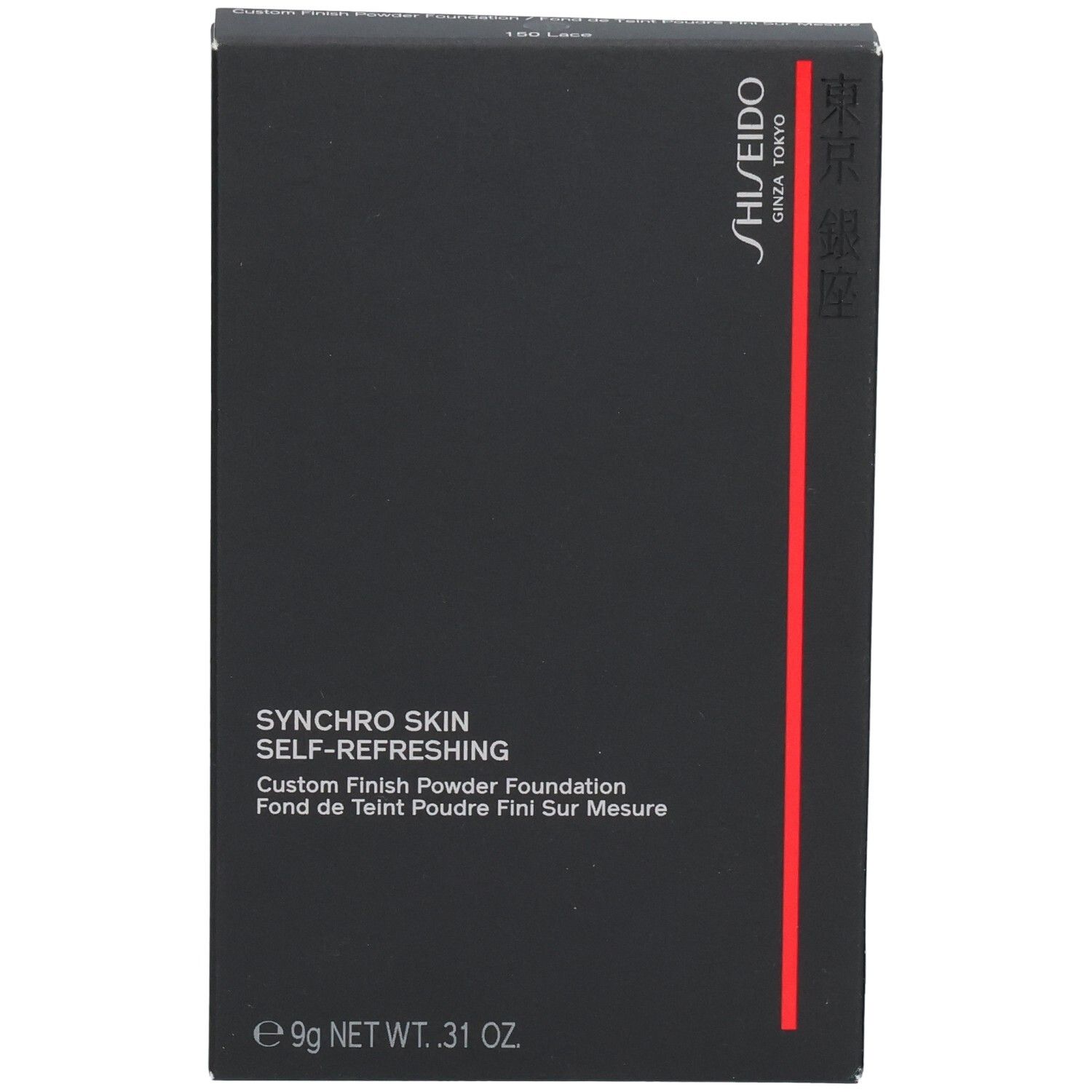 Fronte della confezione del fondotinta in polvere SHISEIDO Synchro Skin, 9g.