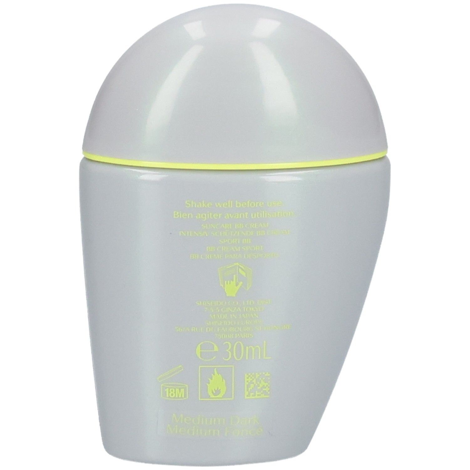 Flacone grigio con accenti gialli e indicazioni d'uso. 30ml.