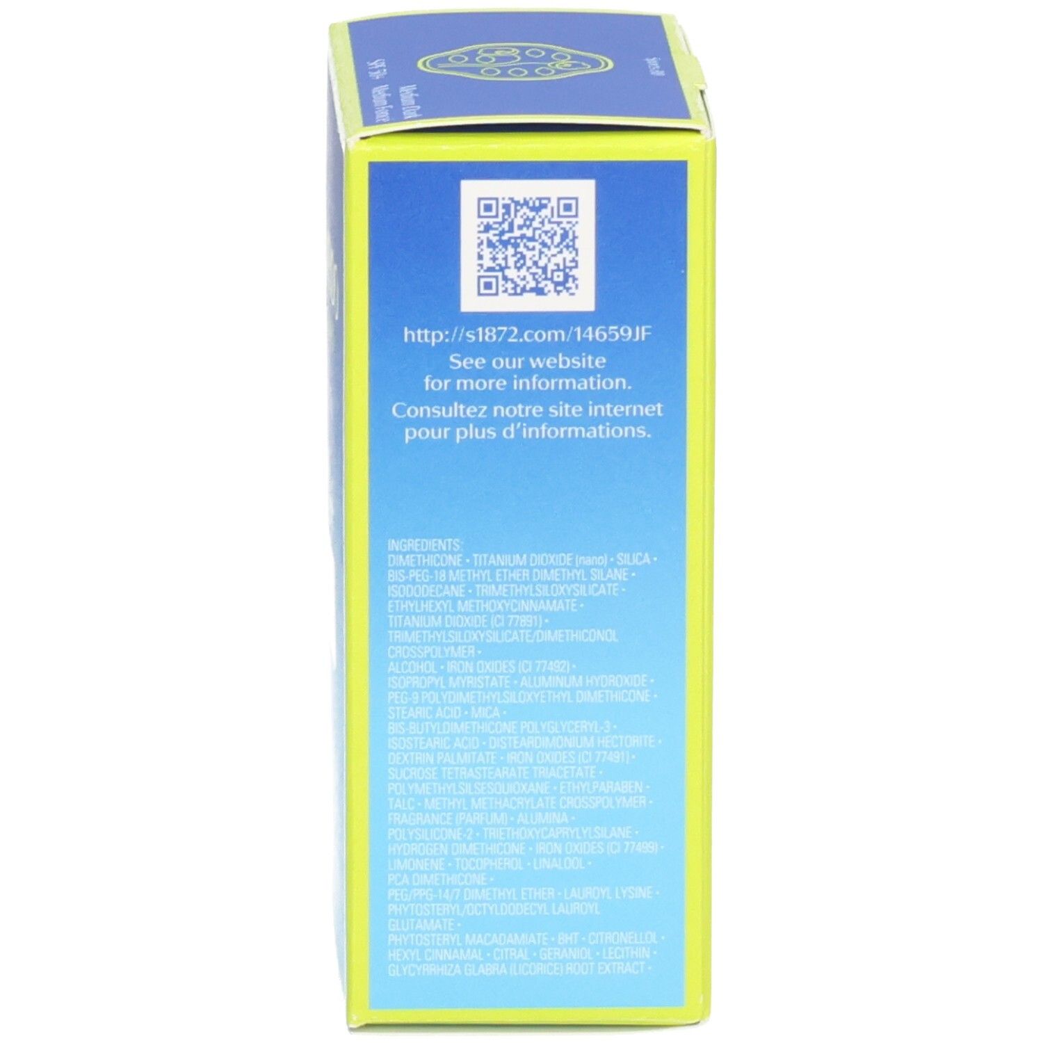 Confezione con ingredienti e codice QR. Scatola gialla e blu.