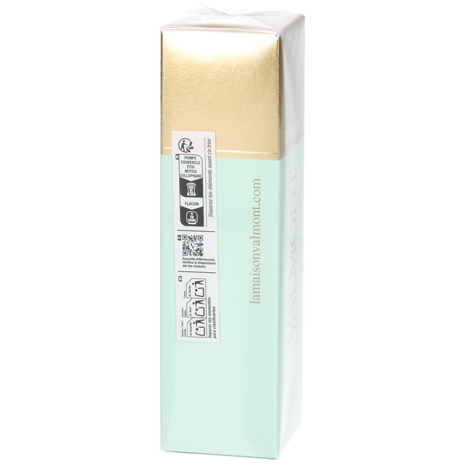 Retro della confezione Valmont Purity Bi-Falls con simboli ambientali e codice QR.