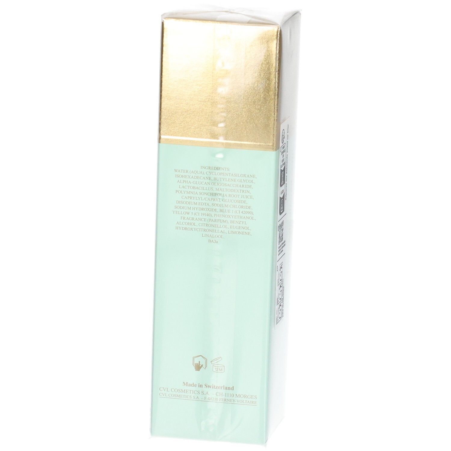 Lato della confezione Valmont Purity Bi-Falls con elenco ingredienti e luogo di produzione.