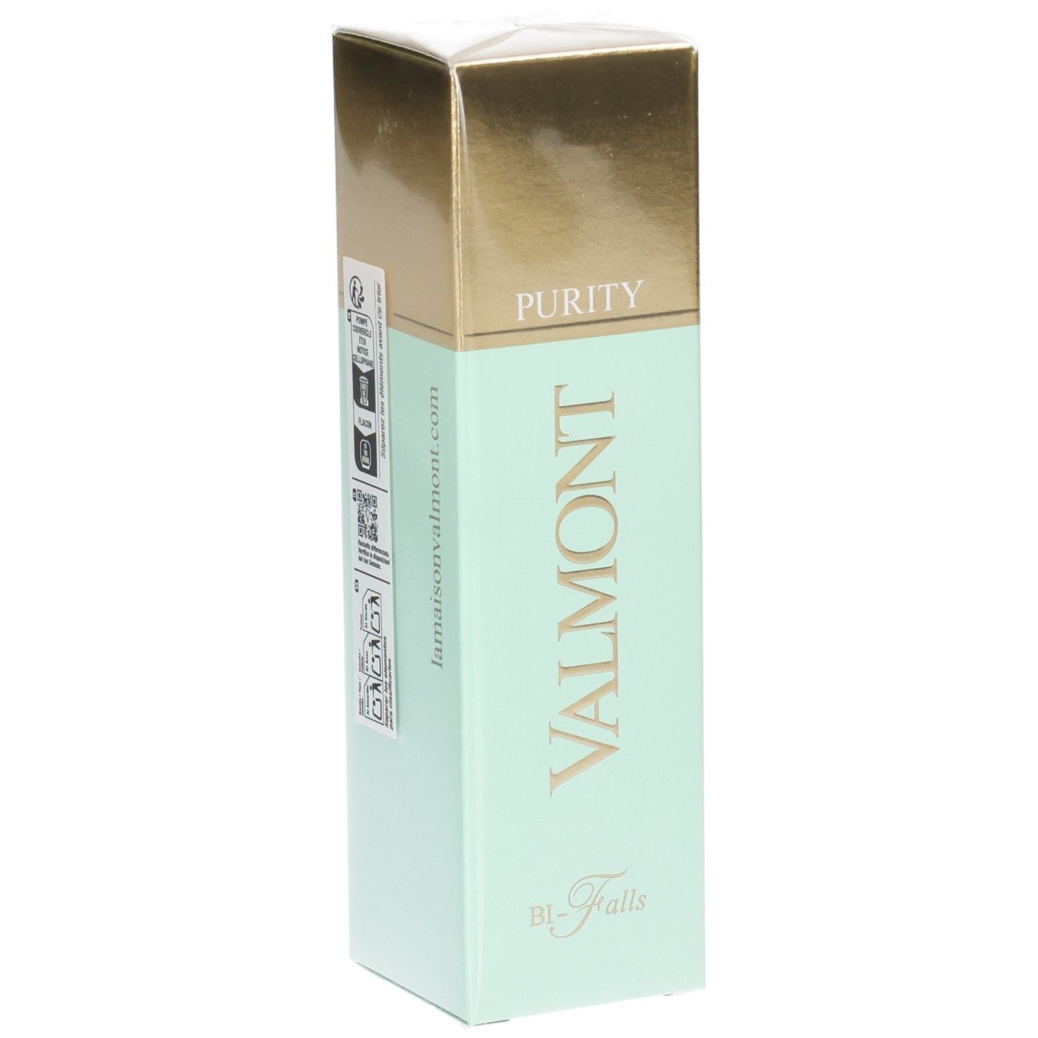 Confezione cosmetica Valmont Purity Bi-Falls con tappo dorato e corpo verde menta.